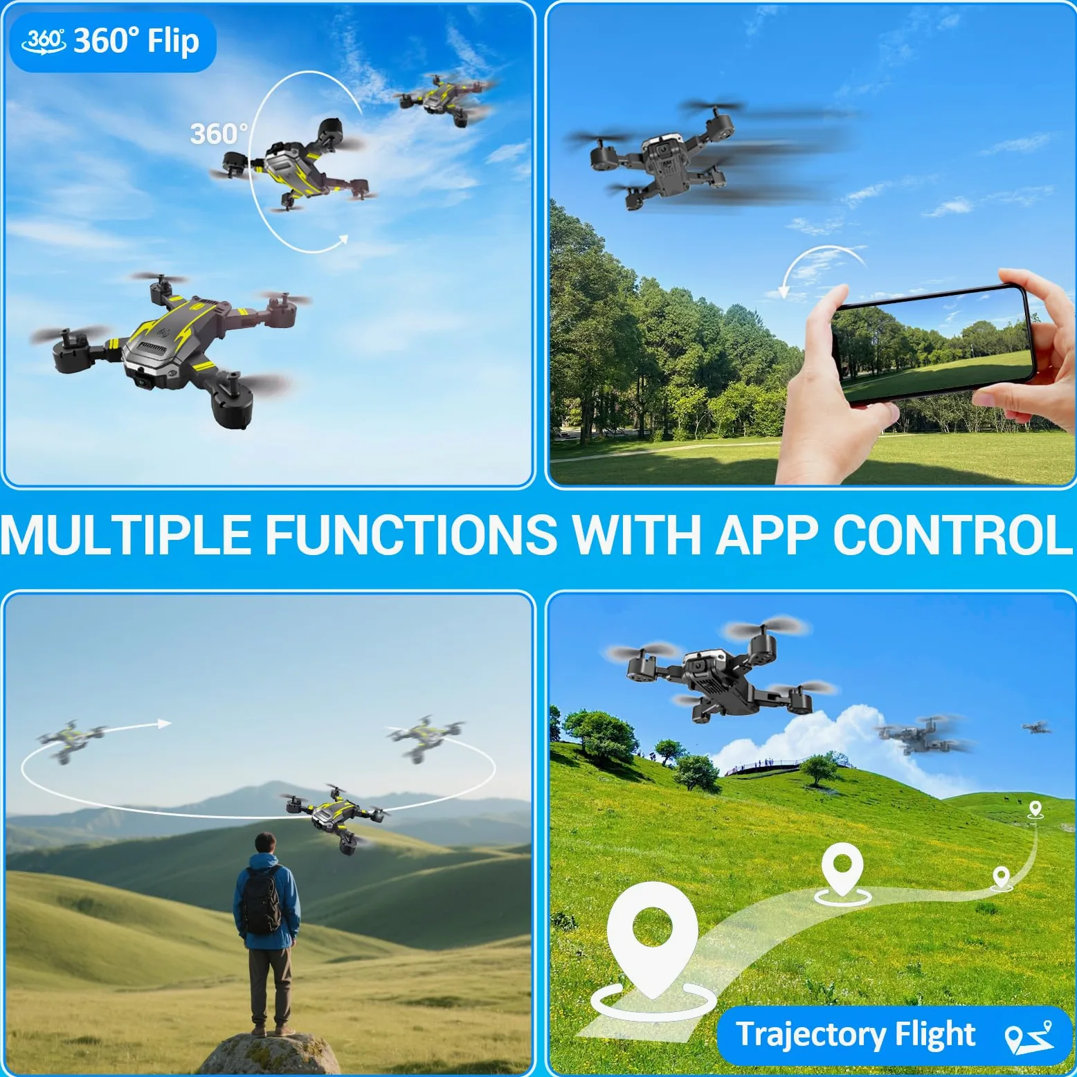 Drone con Doppia Camera HD per Principianti, Drone Pieghevole per Bambini, 3D Flip, Decollo/Atterraggio 1 Tasto, Modalità Headless, Volo a Waypoint, per Bambini o Novizi, 2 Batterie