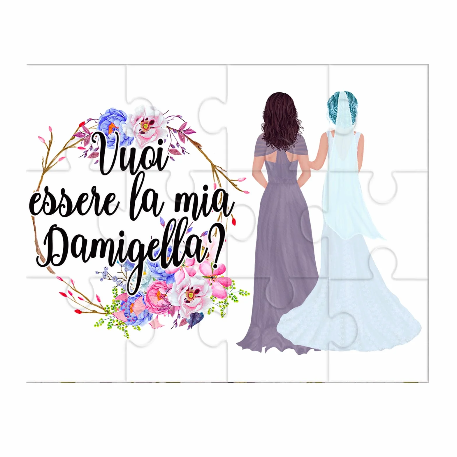Vuoi essere la mia Damigella o Testimone? Puzzle Personalizzato per Testimone della Sposa – Con Abito, Capelli e Frase Personalizzata – Idea Regalo Nozze