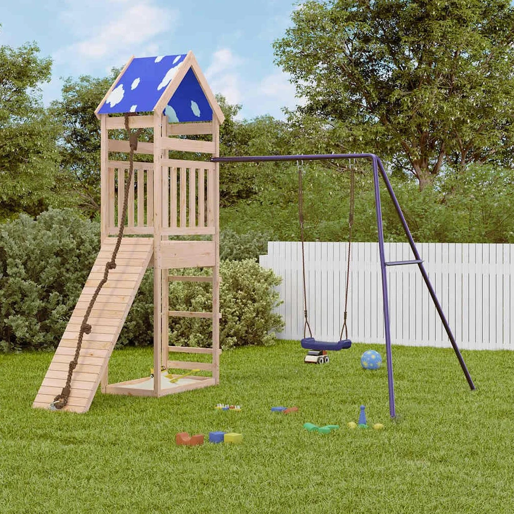 Torre da gioco in legno di pino massiccio con piattaforma da 118 cm, rampa da arrampicata, altalena e sabbiera, stabile struttura a forma di A per il giardino, con tetto a nuvola e ringhiera di