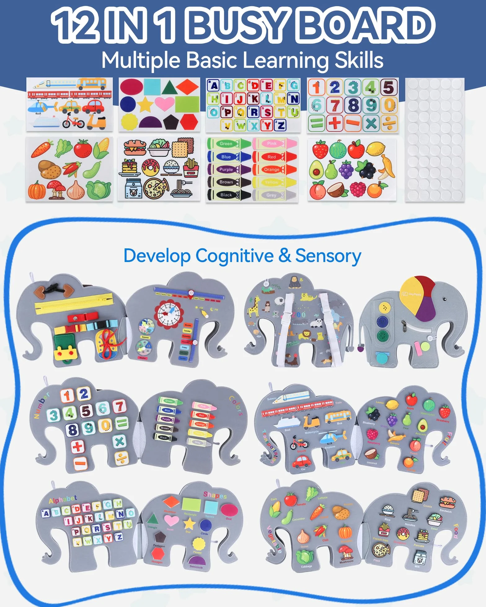 Heypappy Busy Board 12 in 1 Montessori Feltro Libro Sensoriale Educativo Giocattolo Abilità Motorie con Zaino Regalo
