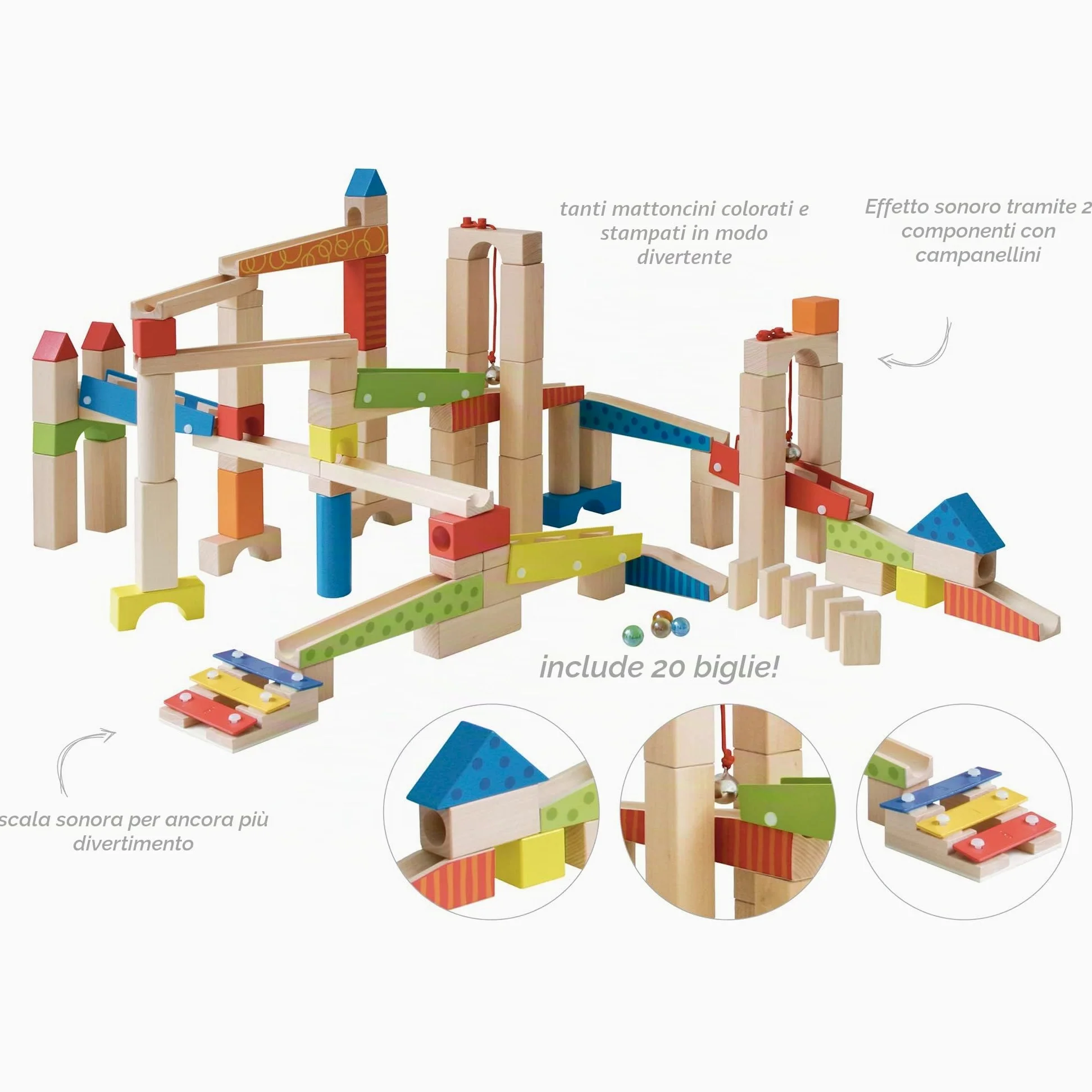 roba Pista delle Biglie Grande in Legno - 100 Pezzi - con Mattoncini da Costruzione in Legno con Effetti Sonori e Biglie in Vetro - Gioco per la motricitá con Varie Possibililtá di Composizione