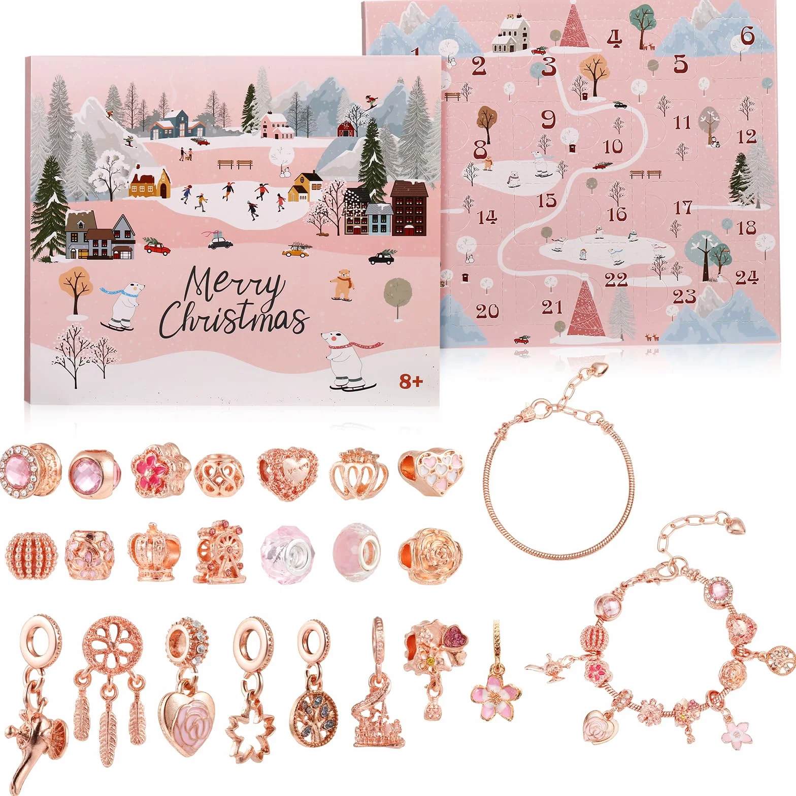 LEMESO Calendario Avvento 2025 Bambina, Calendario Avvento Ragazza Braccialetti Fai da Te, Gioielli per Bambine 6 7 8 9 10 11 12 13 Anni, Regalo Natale (Oro Rosa)