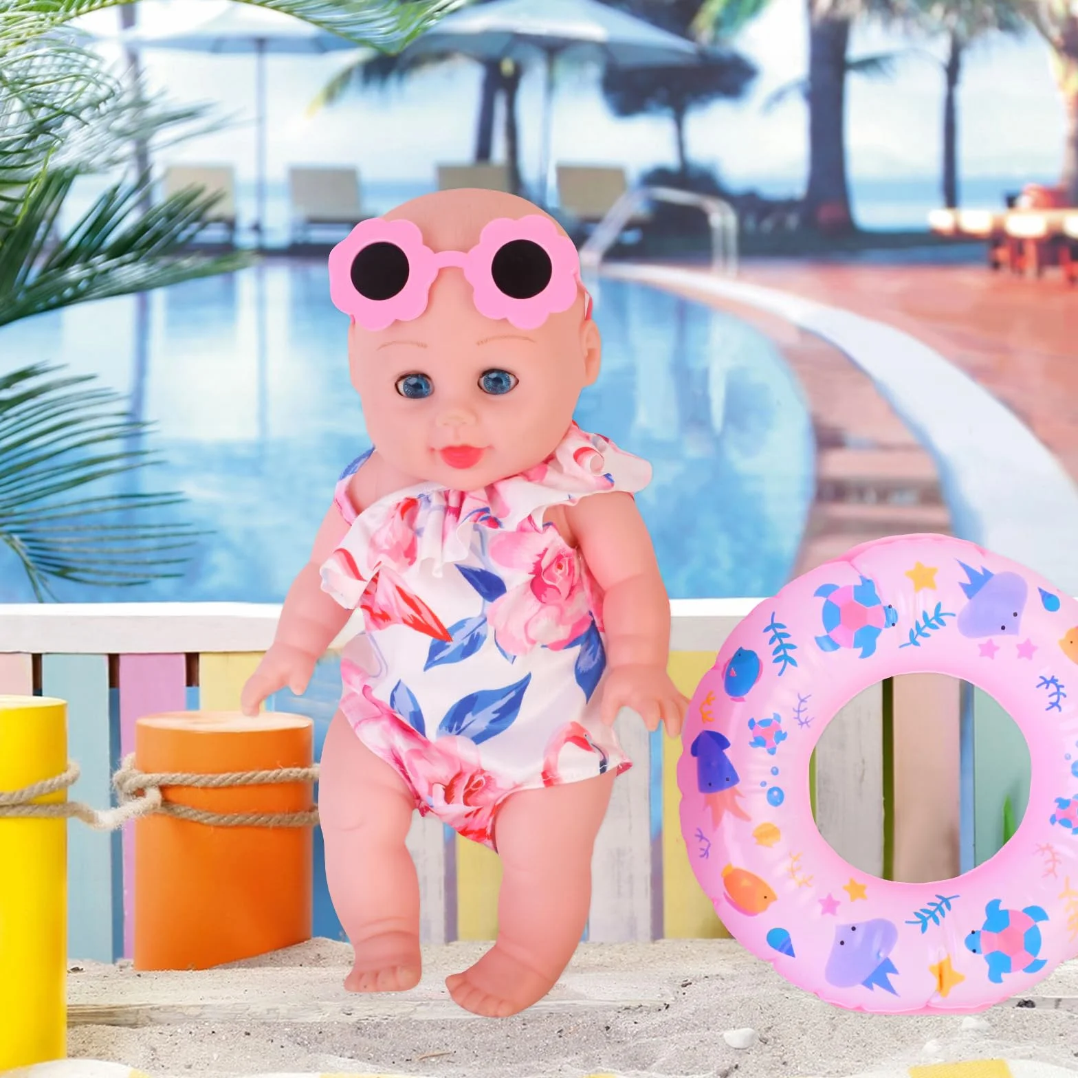 Set da Nuoto per Bambole con Costume da Bagno per Bambole, Occhiali da Sole Bambola Rosa, Anello per Il Nuoto Bambolotto, Costumi da Bagno per Bambole 35-45 cm, Accessori per Bambole (A)