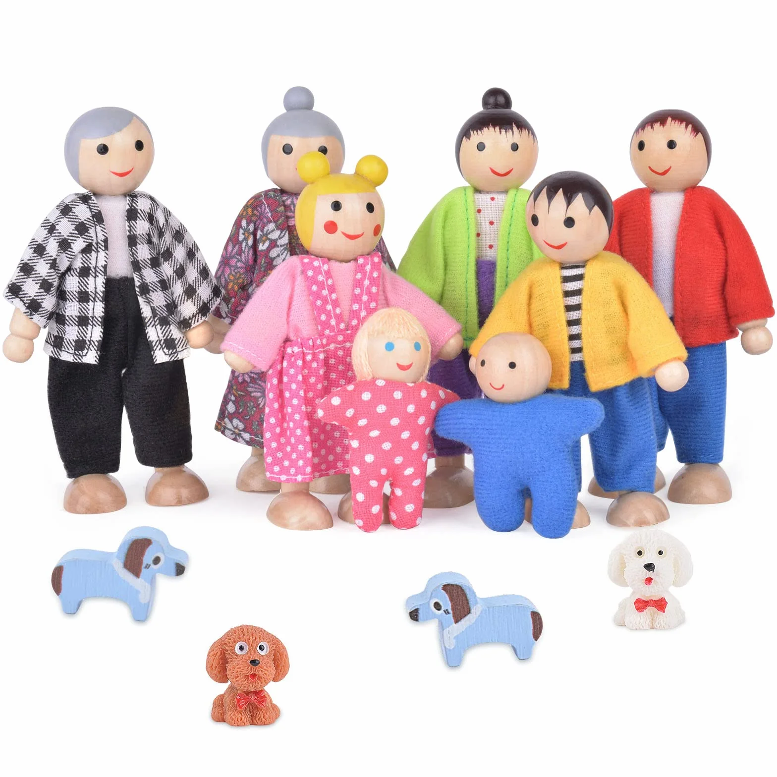 Aolso Casa delle Bambole Famiglia, 8 Pezzi in Legno con 4 Cuccioli, Dollhouse Persone Figure per Finta Casa Accessori Regalo