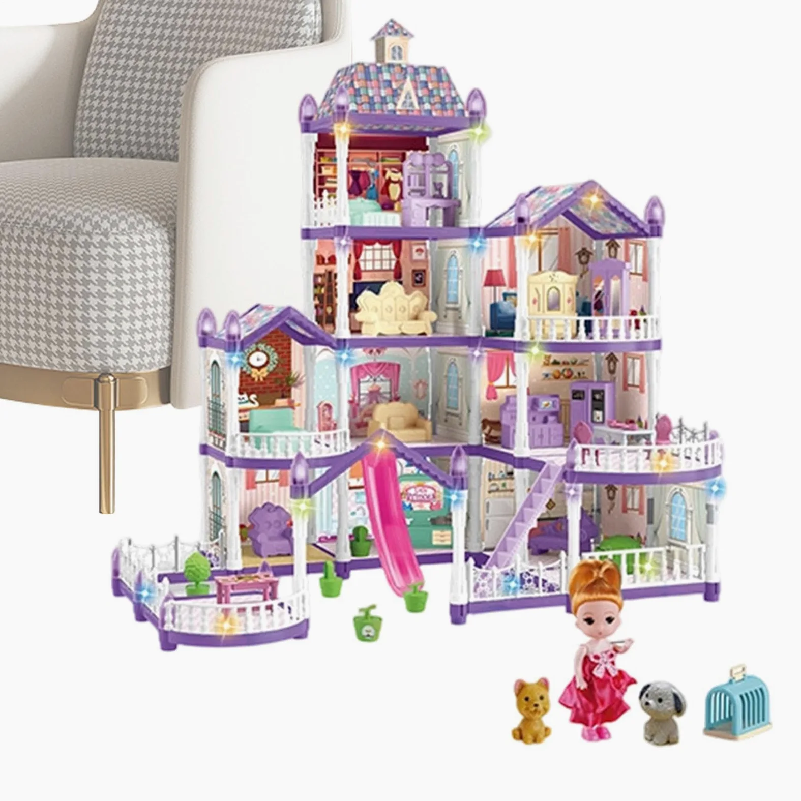 Casa delle Bambole 4 Piani 13 Stanze Villa Miniatura da Montare | Villa Giocattolo Con 3 Principesse, 2 Cuccioli e Arredamento Per Bambine 4-6 Anni di Imitazione