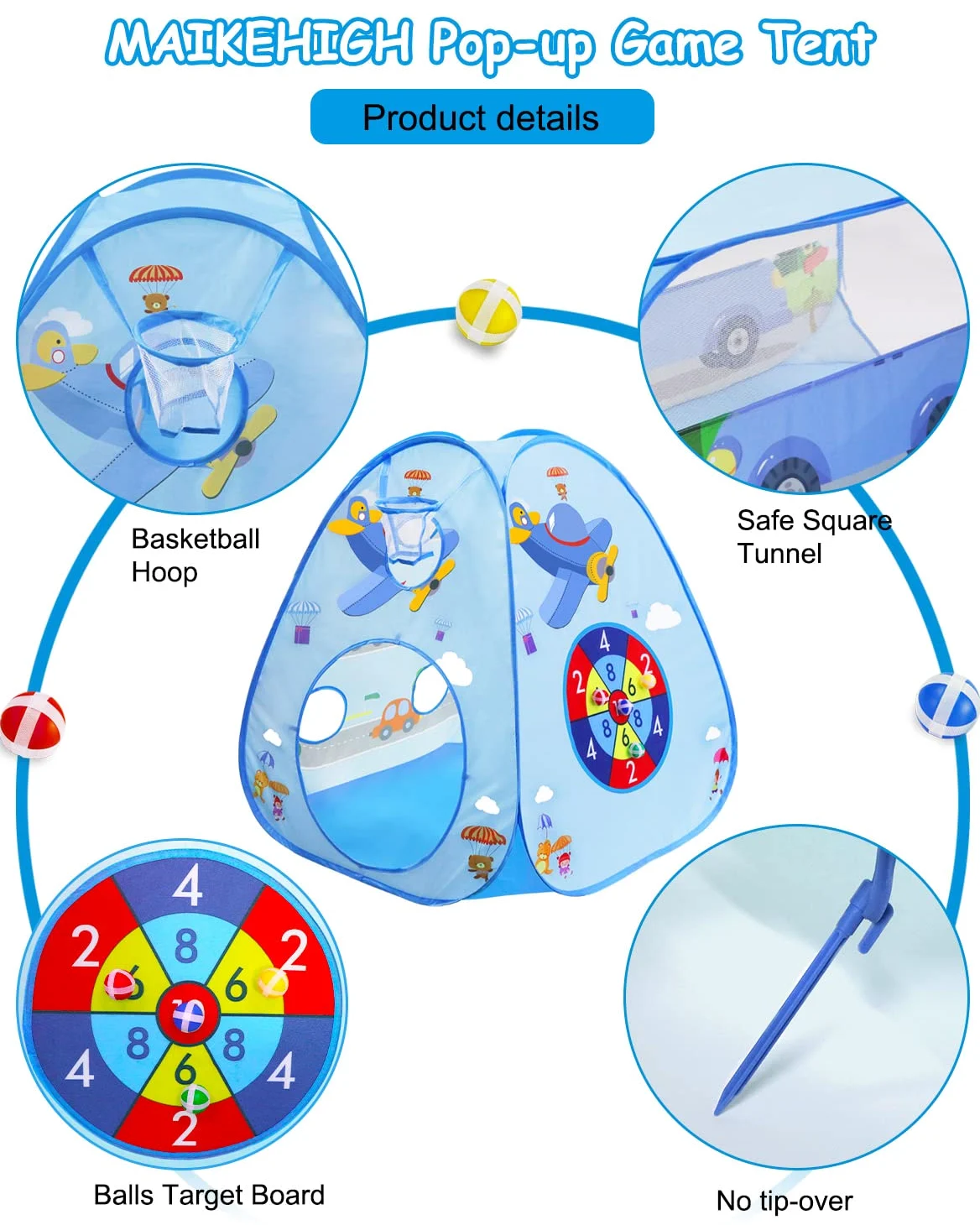 MAIKEHIGH Tende giocattolo Blue Plane, 3 in 1 Pop-Up Tunnel Gioco | Piscina Palline da Gioco all'Aperto al Coperto con Casetta Giocattolo Regalo per Neonate Ragazzi