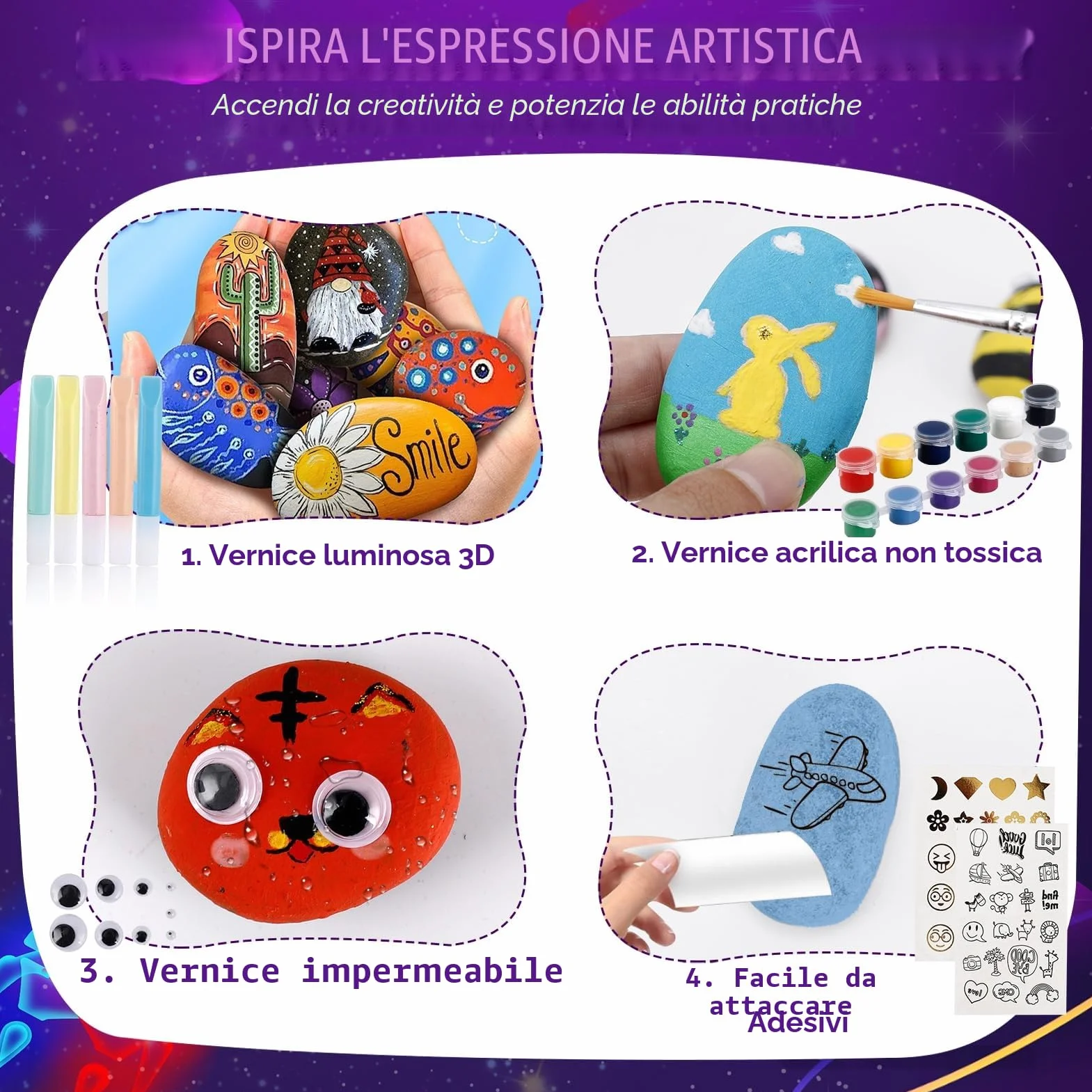 Sassi Da Dipingere, Kit Pittura per Bambina 4-9 Anni, Regalo Creativo, Lavoretti Bambini, Colori Acquerelli, Giochi Creativi 3-10 Anni, Natale