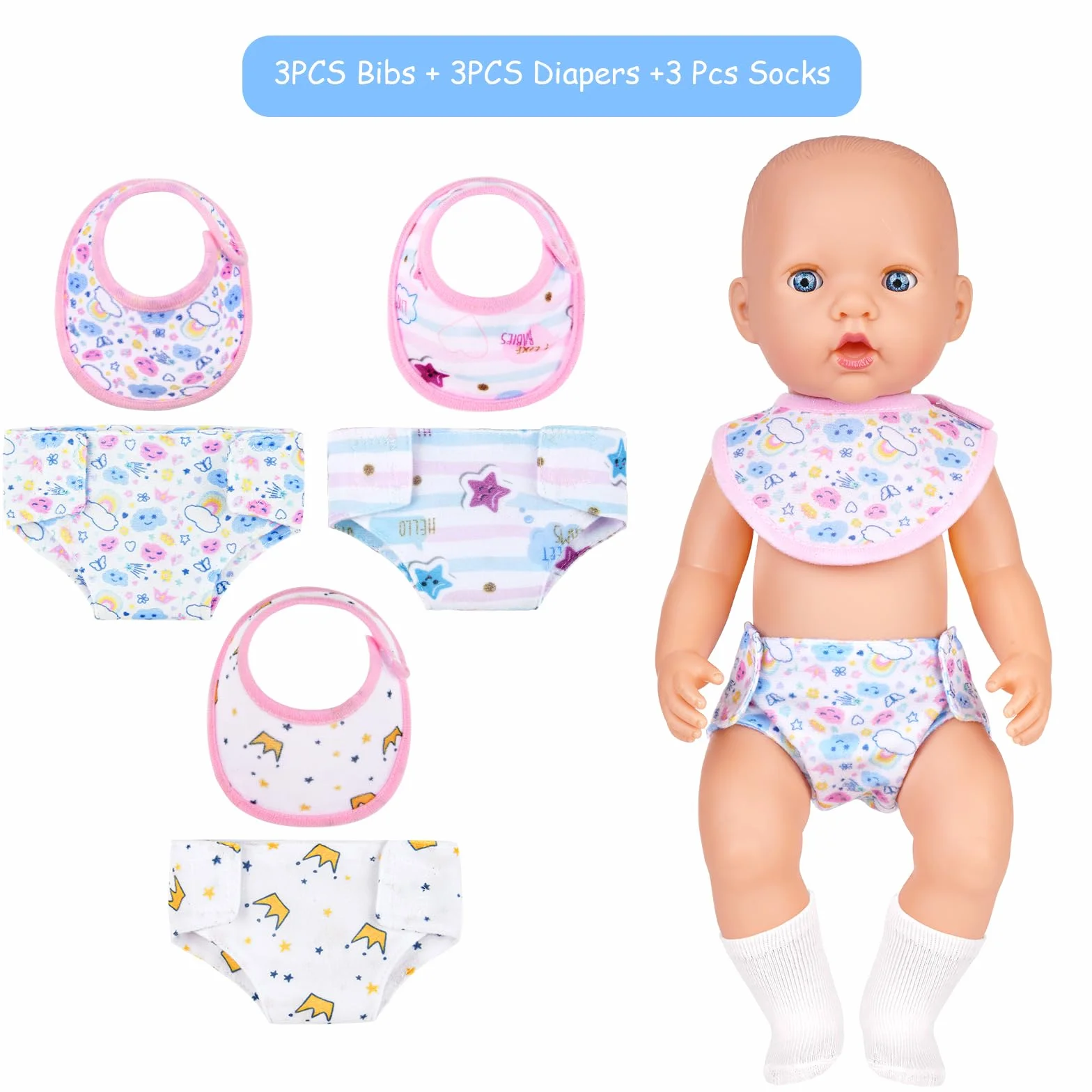 Aolso Bavaglini e Pannolini per Bambole, Set di 9 Accessori per Bambole Bavaglini e Pannolini in Tessuto per Bambole, Calzini per Bambole, Lavabile, Riutilizzabile, Idee Regalo per Bambini