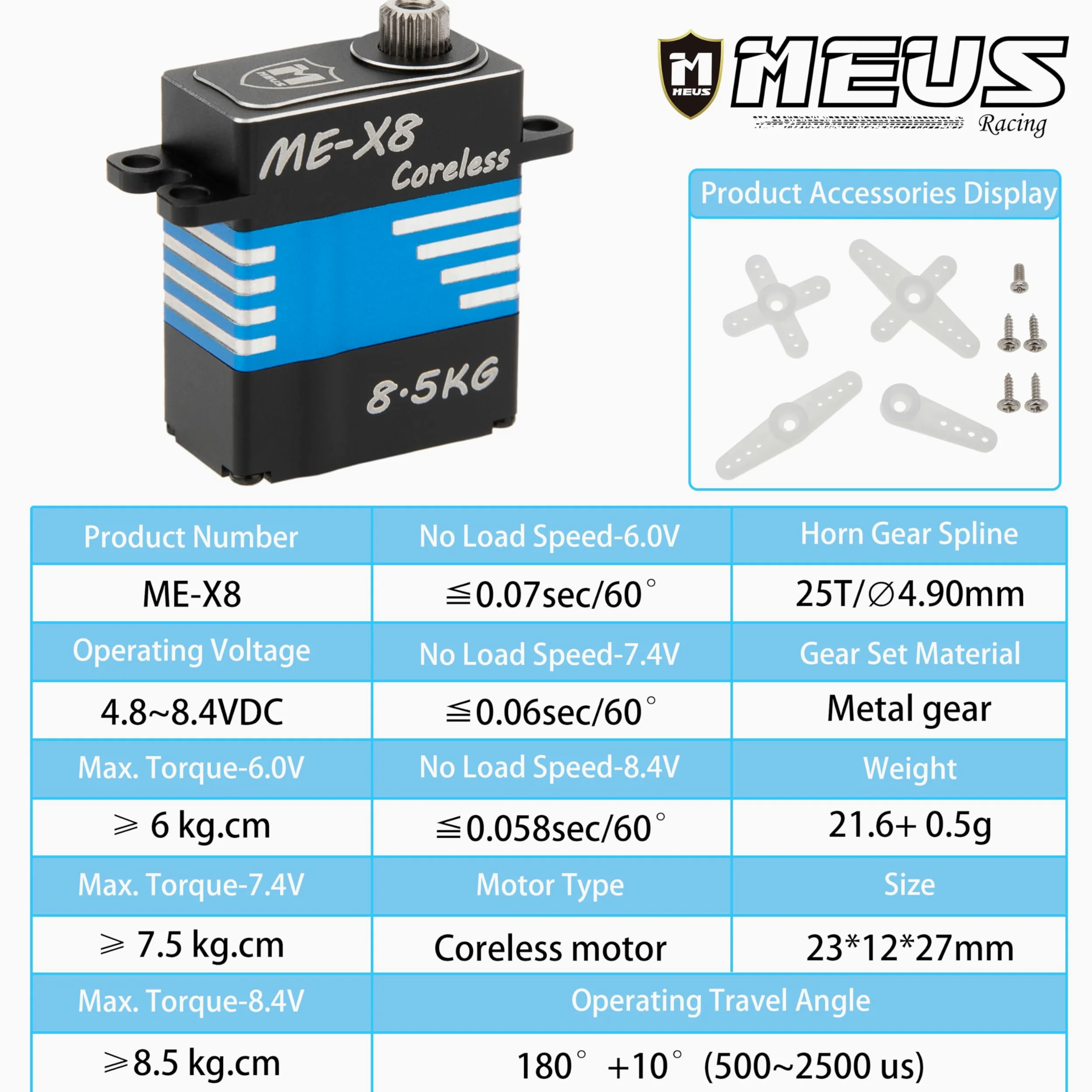 MEUS Racing V2 Coreless RC Micro Servo 8.5KG con coppia elevata per SCX24 TRX4M SCX10 TRX4 1/24 1/18 1/10 1/8 RC Crawler Car, cablaggio posteriore (ME-X8)