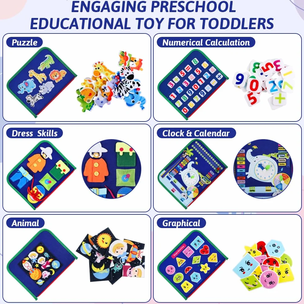 Montessori Busy Board di Feltro, Giochi Montessori Didattici Libro Interattivo per 1-6 Anni Bambini, Regalo Bambino, Giocattoli da Viaggio - Blu