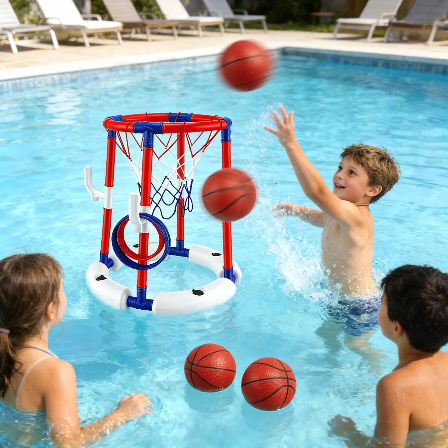 Canestro da Basket per Piscina 2-in-1, Galleggianti per Piscina per Bambini e Adulti, con 4 Palloni 12 Anelli, Gioco Acqua Cerchi da Lancio, Canestro Basket Bambini per Estate e Divertimento in Acqua