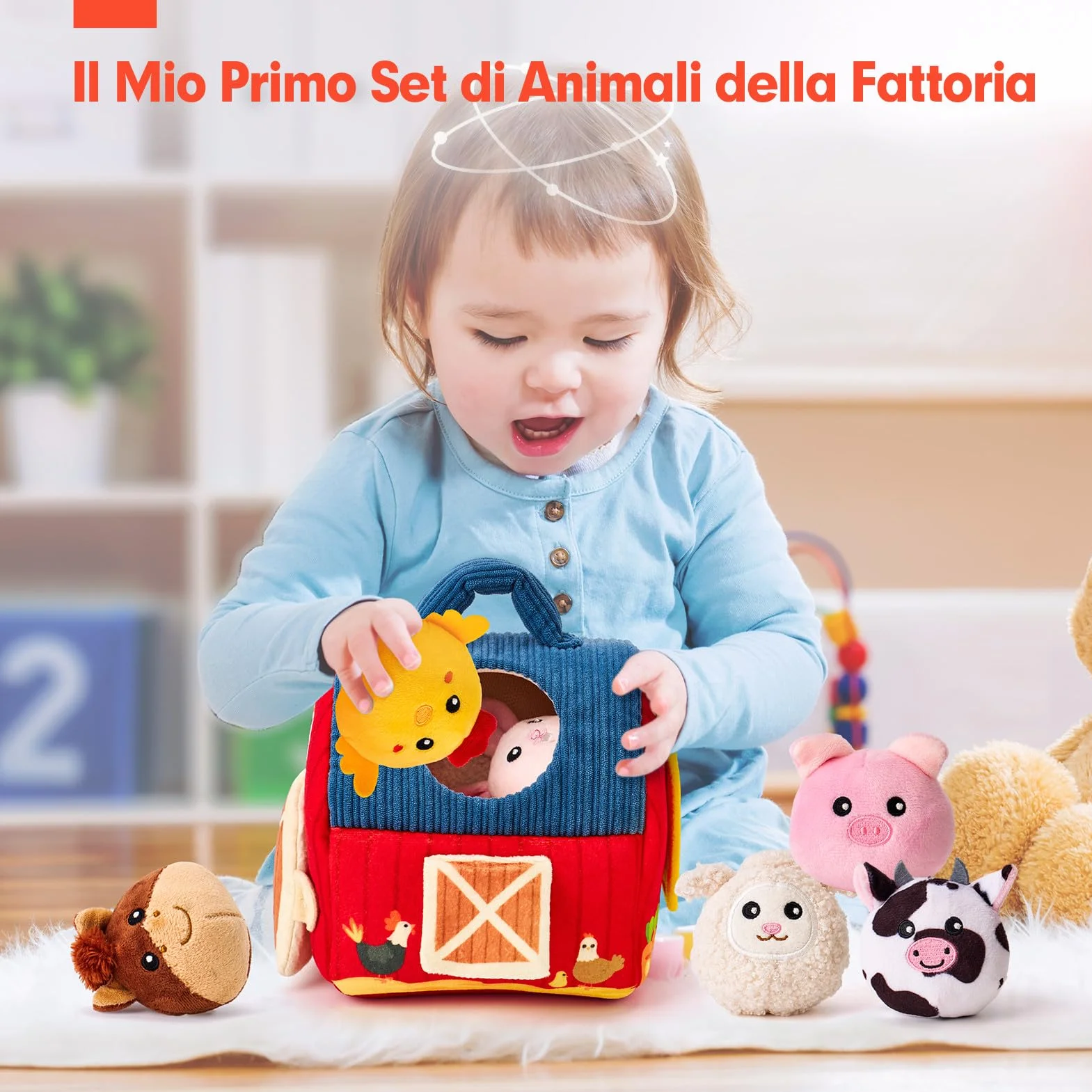 Montessori Casa Morbida Giochi Bambino 1 Anno Animali da Fattoria con Fienile Sonaglio Specchio Gioco Sensoriale Regalo Bimbo Bimba