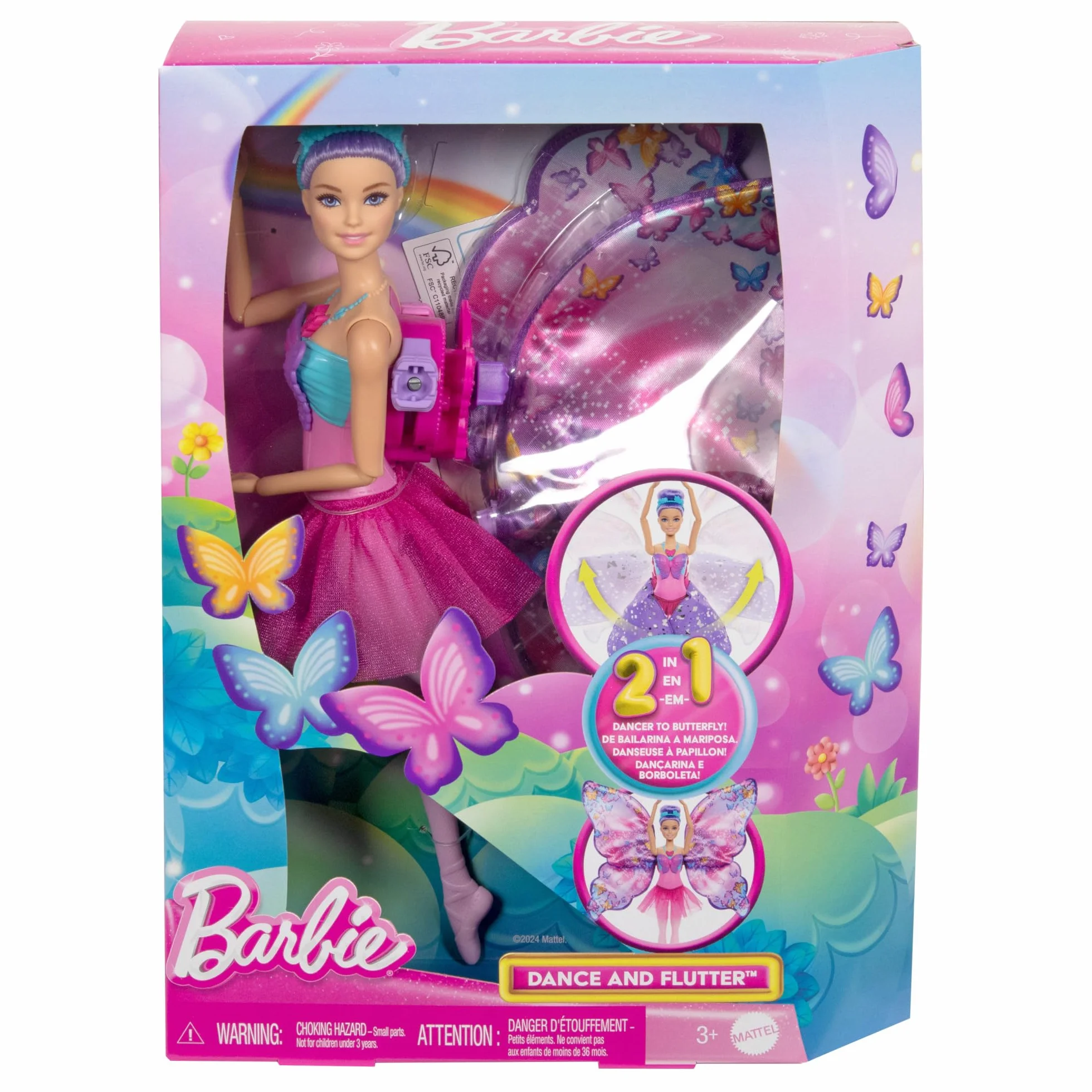 Barbie - Ali Scintillanti, bambola dai capelli viola, trasformazione 2 in 1 da ballerina a farfalla con ali apribili, cerchietto e tutù rimovibile inclusi, giocattolo per bambini, 3+ anni, HXJ10