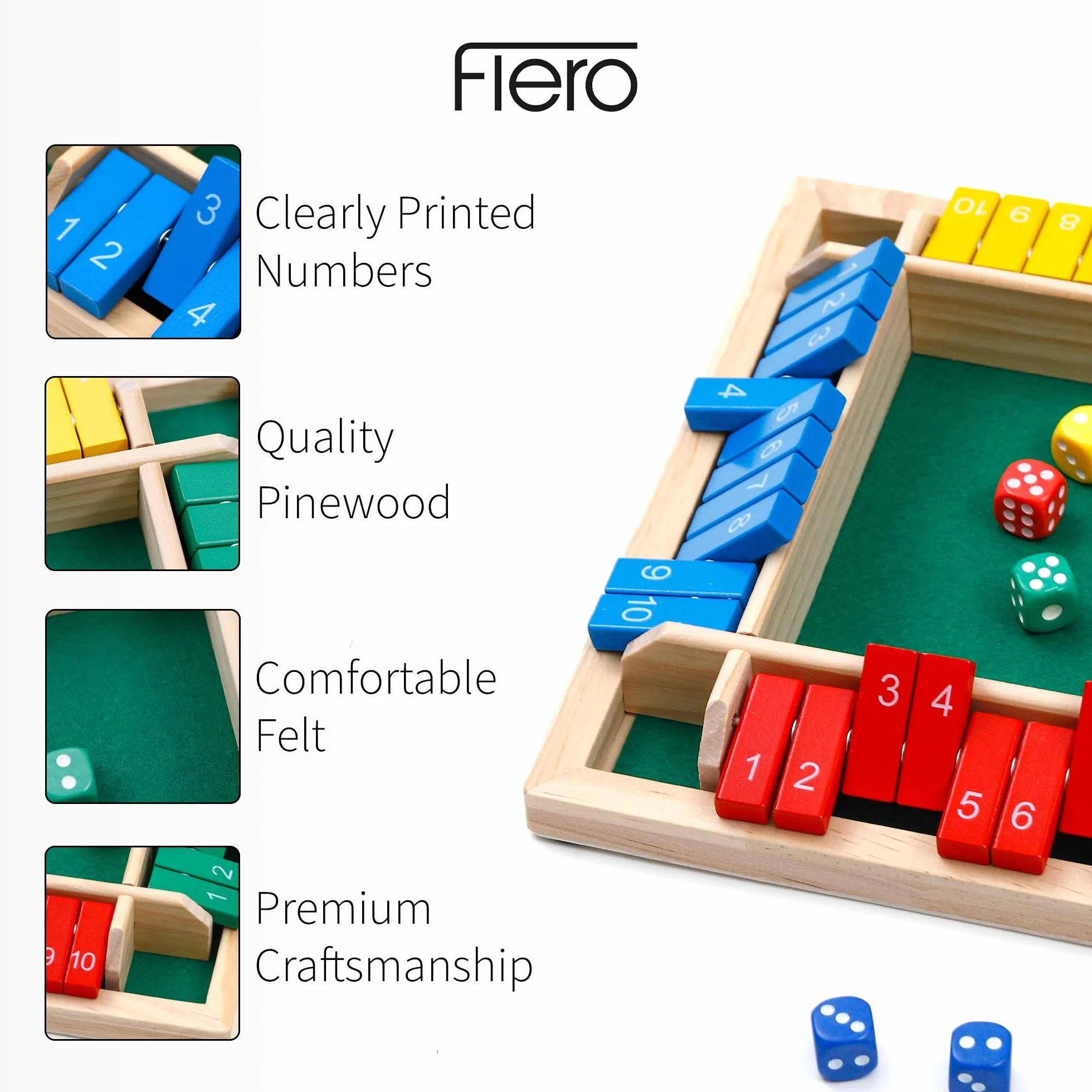 Flero Shut The Box - Gioco a dadi per 4 giocatori in legno - Gioco di tattica e calcolo (Multicolore) - Gioco da tavolo, giocattolo educativo, gioco didattico per bambini e adulti - 8 dadi