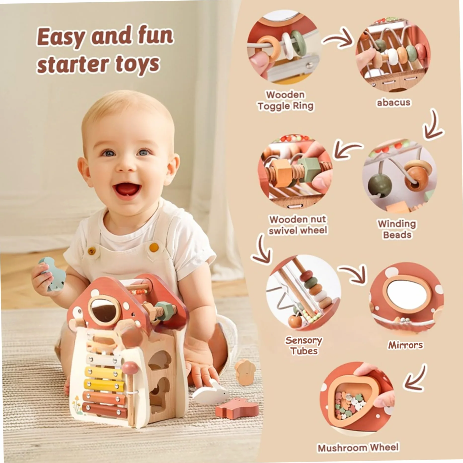 Cubo di attività per Bambini a Forma di Fungo 5 in 1 Cubo di attività in Legno per Bambini Giocattoli educativi per l'apprendimento Forma Sorter di per Ragazzi e Ragazze Complea