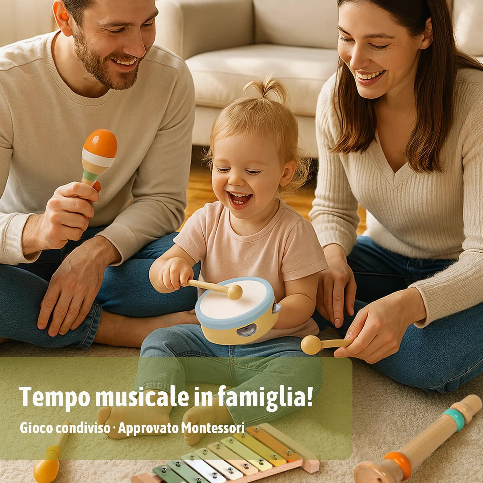 Strumenti Musicali Bambini, Giochi Montessori Sensoriale in Legno, Tamburo Bambino Xilofono Maracas, Tambourine Percussioni Giochi Bambini, Natale e Compleanno Regalo Bambino 1 2 3 Anno