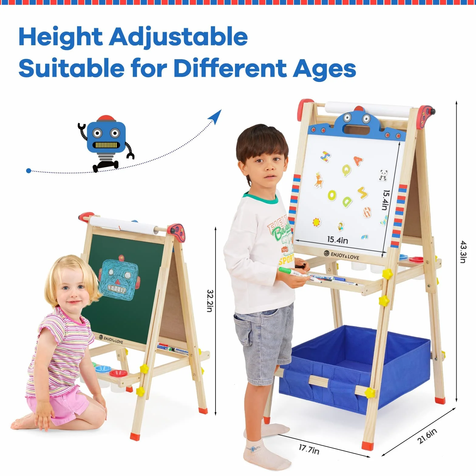Lavagna da gioco per bambini in legno, cavalletto 3 in 1, regolabile in altezza con rotolo di carta, lavagna, adesivi per cartoni animati e 4 ciotole per colorare ricchi accessori (forma robotica)