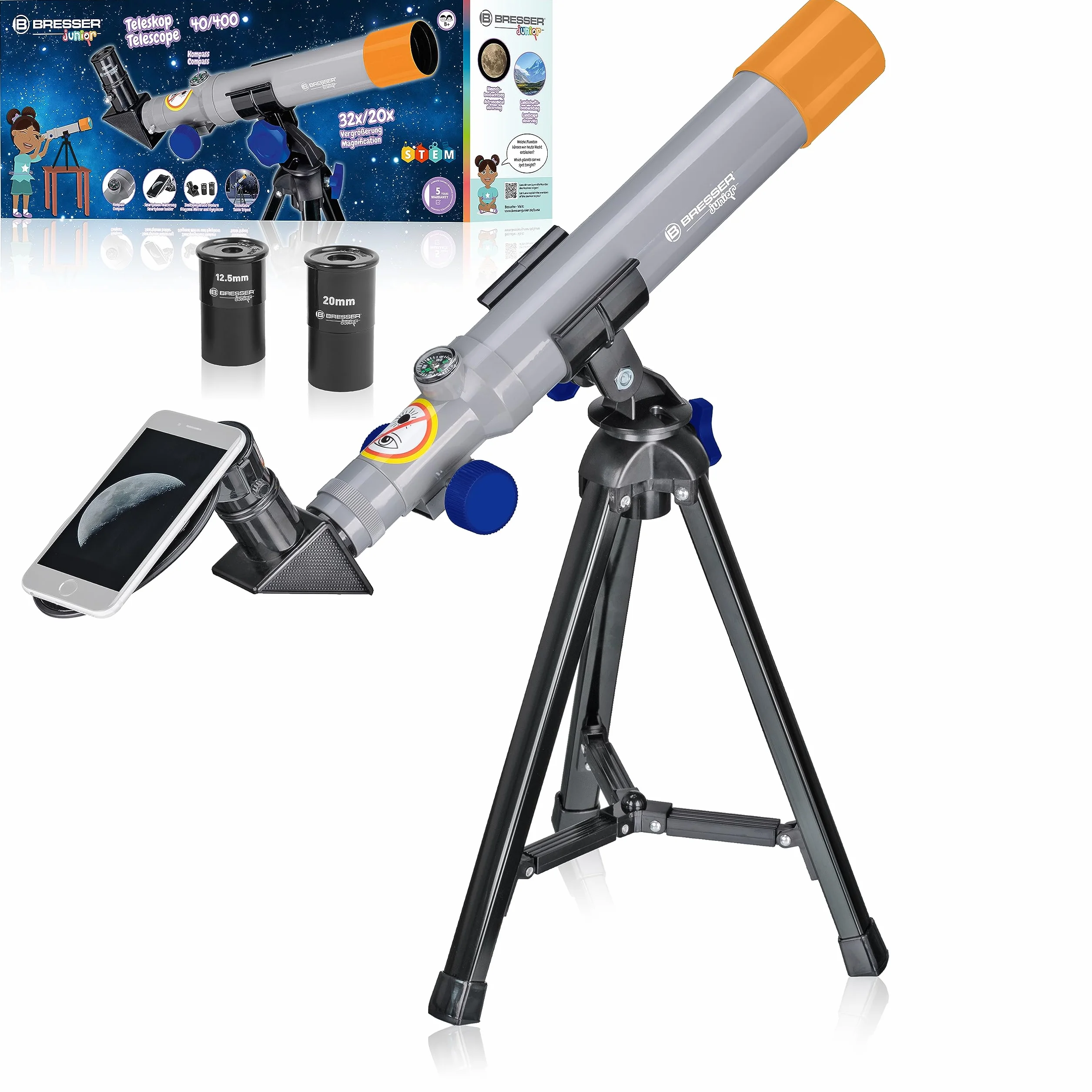 Bresser BR-8840350 Junior Telescopio per Bambini Compatto 40/400 con Supporto da Tavolo per Bambini dagli 8 anni