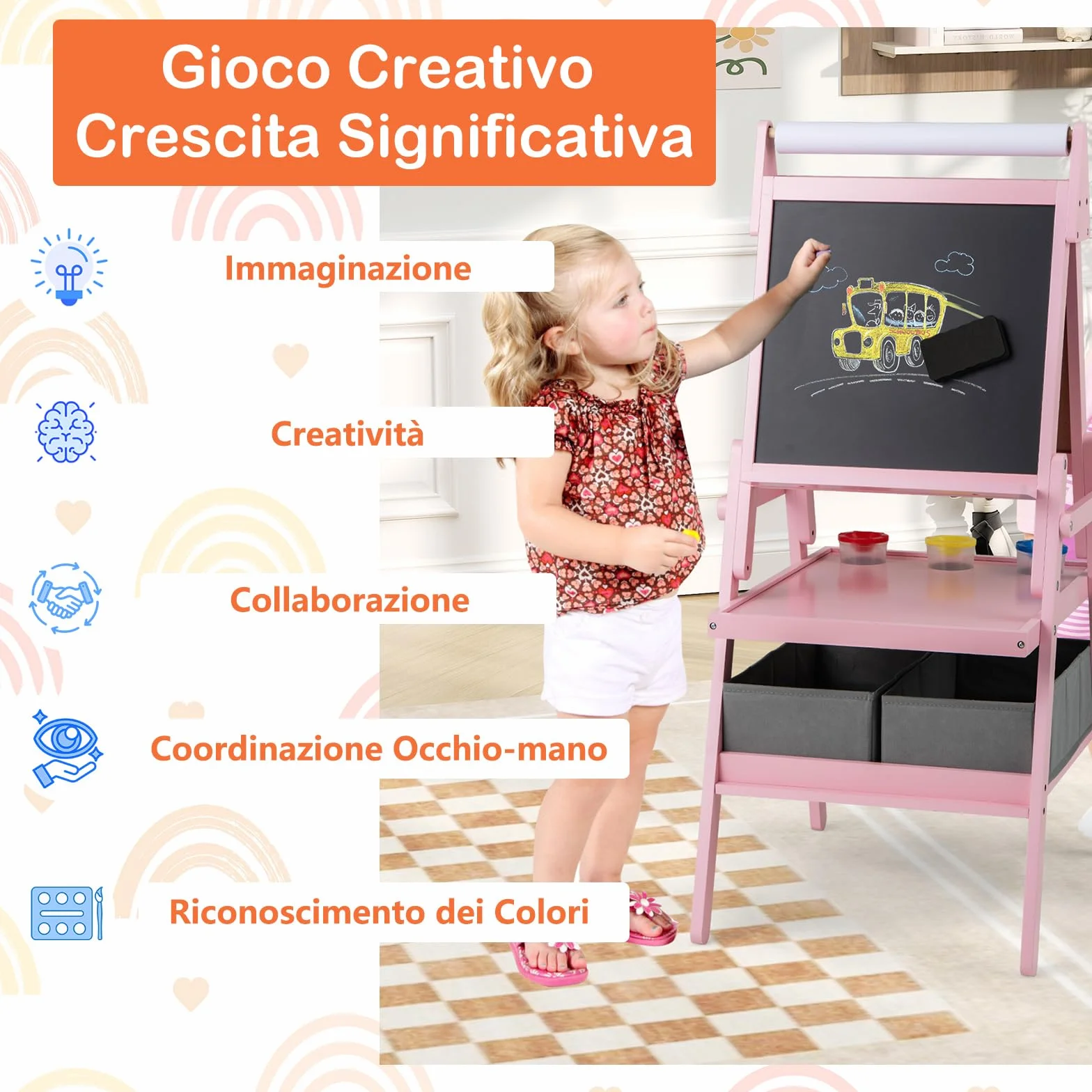 RELAX4LIFE 3 in 1 Lavagna per Bambini Cavalletto Doppia Faccia Magnetica Lavagna Bianca Rotolo Carta Scaffale Doppio 2 Cesto Tessuto Pieghevole Rosa