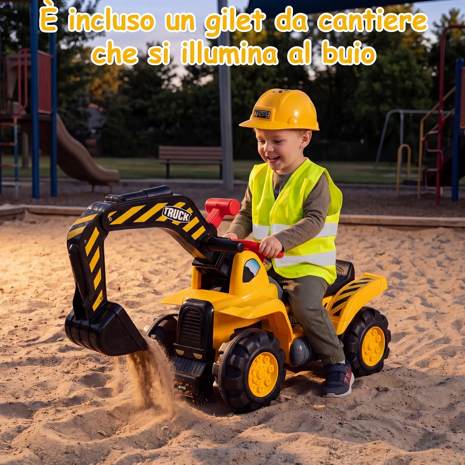 COSTWAY 3 in 1 Escavatore Cavalcabile per Bambini 2+ Anni, Carico 25 kg | Ruspa Giocattolo per Bambini con Suoni Realistici, Seduta con Vano Portaoggetti, Pietre, Casco e Gilet, per Casa Asilo