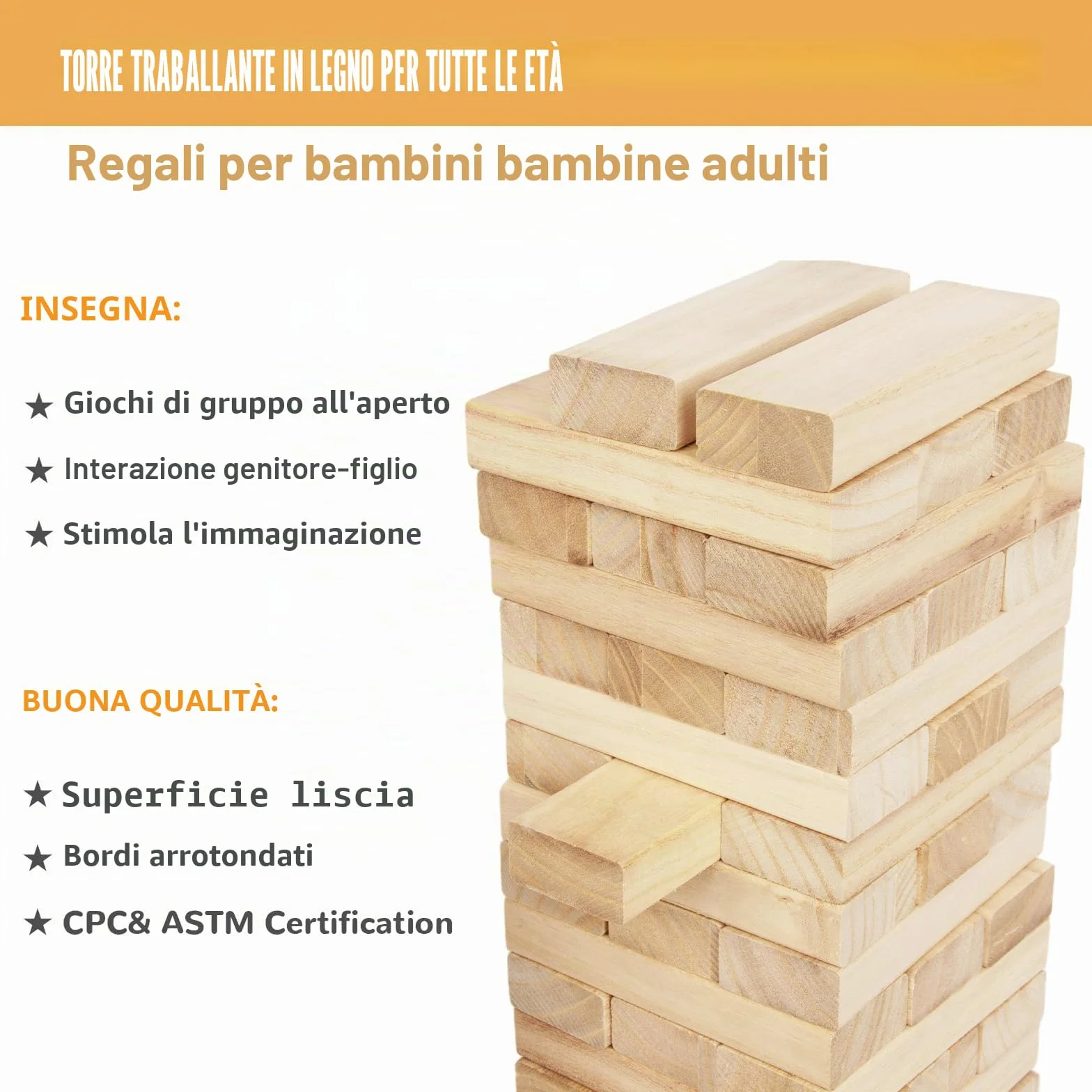 WOODENFUN Torre gigante in legno impilabile da 0,4 m – 1,2 m grande Tumble Tower giochi Jumbo Toppling Blocks giocattolo per bambini, adulti e famiglia (colore legno)
