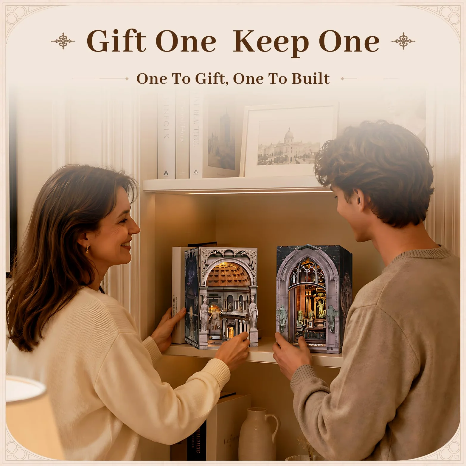 MiniCity Set di 2 angoli per libri fai da te, collezione Miniature World, serie di puzzle 3D con chiesa, decorazione estetica per librerie e hobby per bibliofili (Pantheon e Duomo di Mliano)