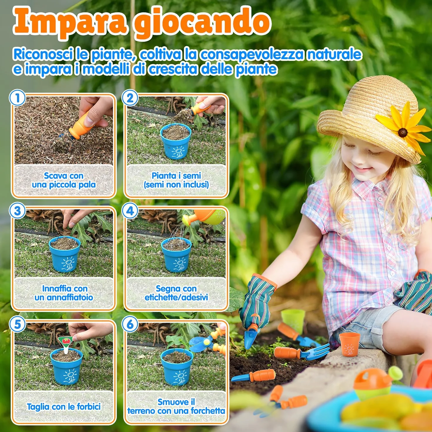 PLAY Set Attrezzi Giardino per Bambini, Utensili Giardino con Pala, Forchetta, Forbici, Vaso, Annaffiatoio, Targhetta e Contenitore, Kit Giardino per Bambini dai 3 Anni in su