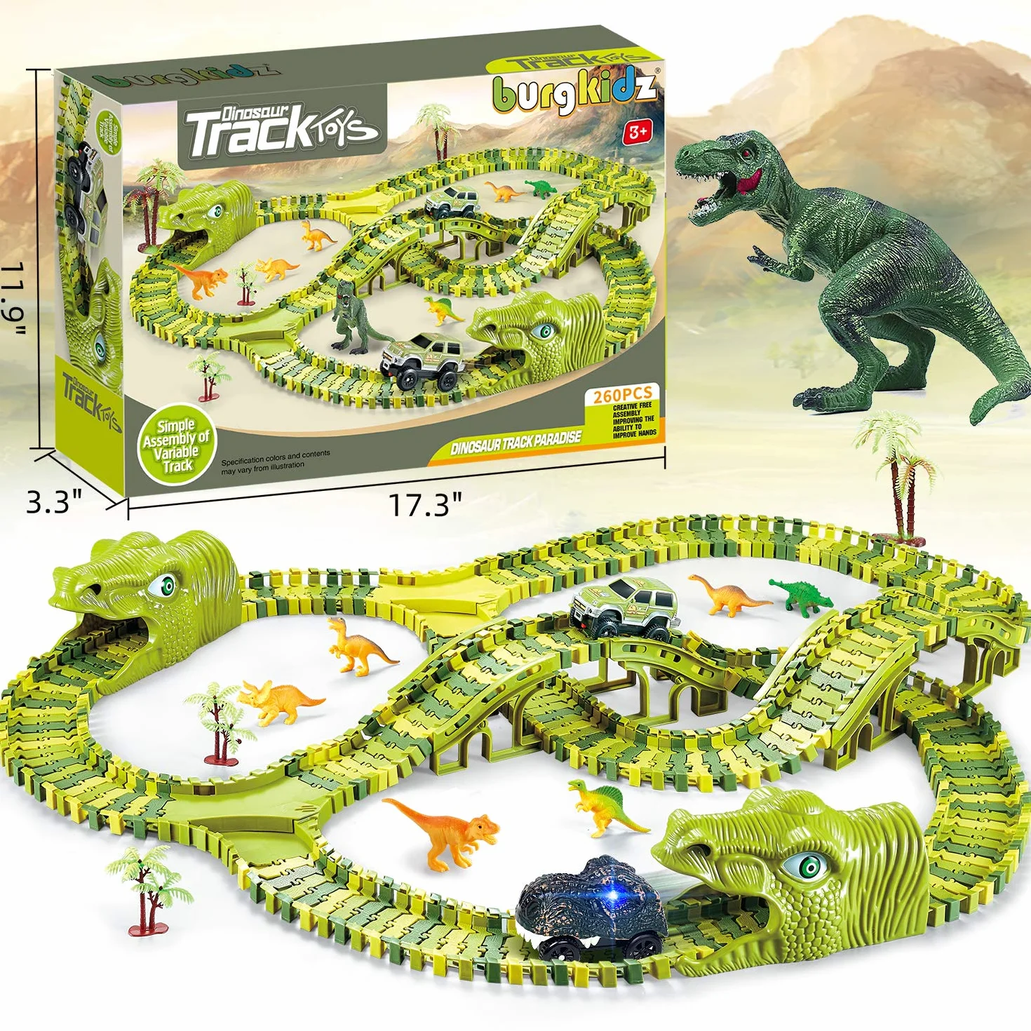 burgkidz Giochi di Dinosauri Pista da Corsa, 260 Pezzi Tracce Playset con 3 Auto e 7 Giocattoli, Regalo Educativo per Bambini