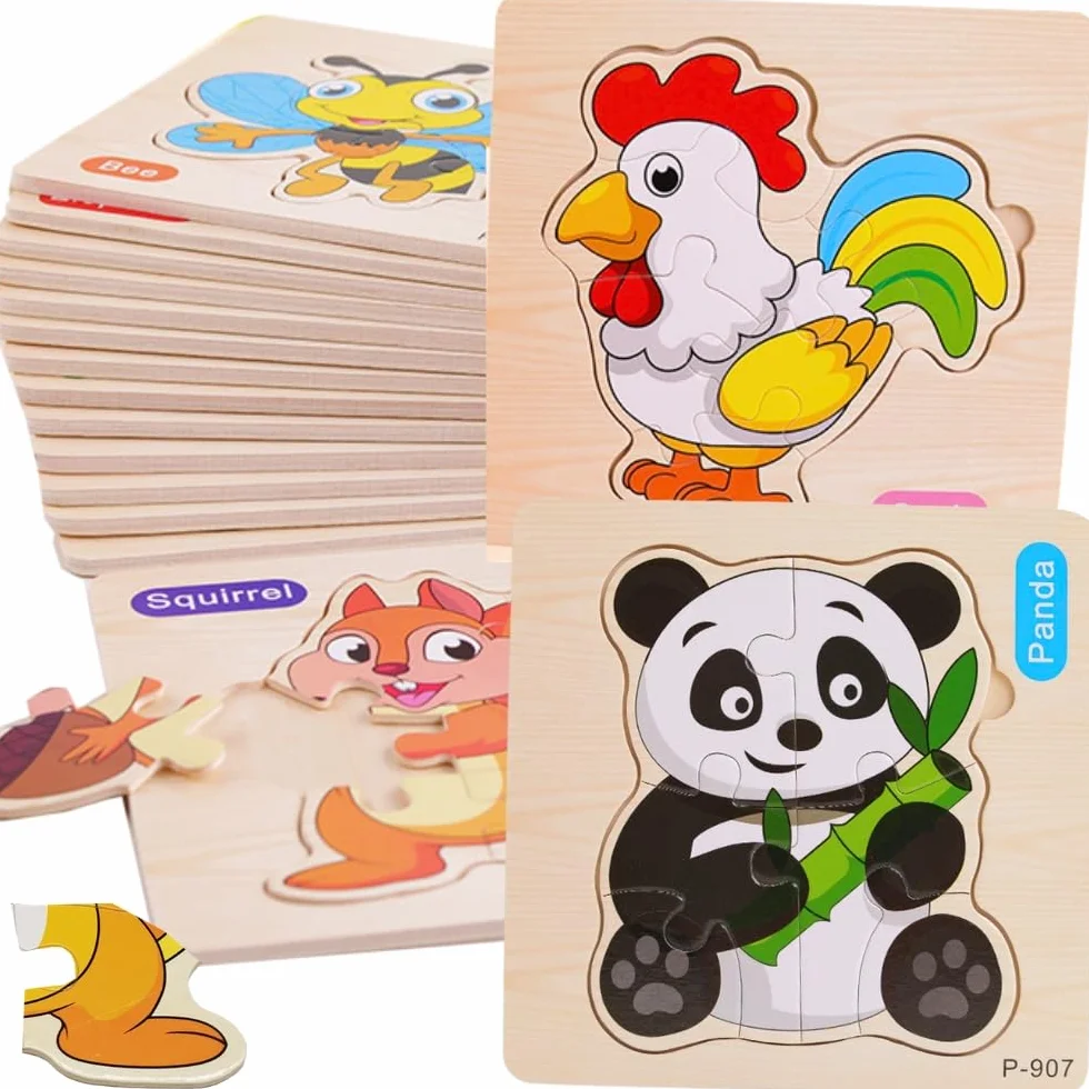 16 PCS Puzzle in Legno per Bambini di 1, 2 anni e 3, Regali per Compleanni e asilo nido, Giocattoli Educativi Montessori, Regali Originali, Puzzle in Legno con Animali (16 PUZZLE)