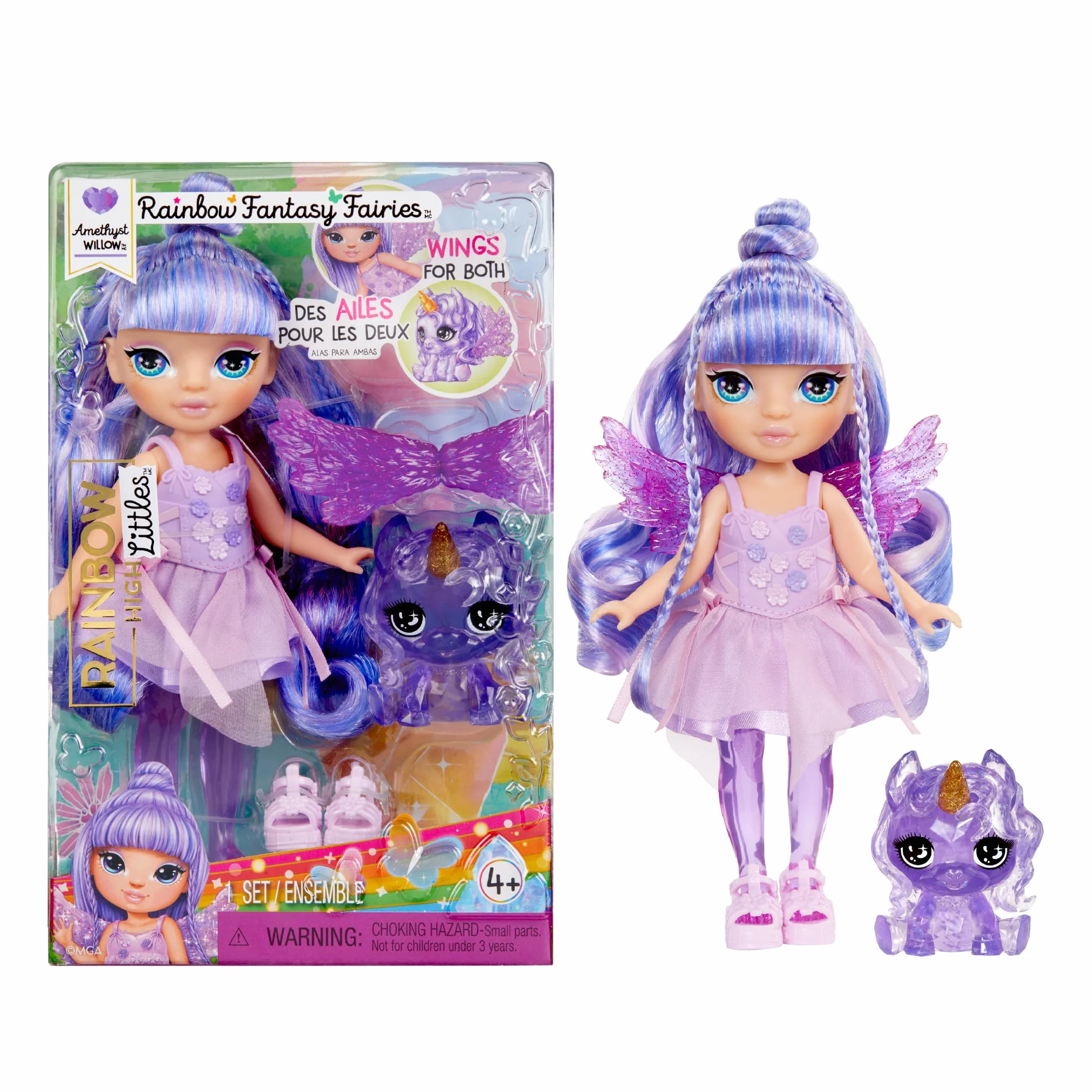 Rainbow High Littles Rainbow Fantasy Fairies & Pet - Amethyst, Viola - Bambola Piccola 14 cm Snodata e Animaletto Magico Unicorno Pegaso Fantasy con Ali da Fata intercambiabili. Età 4+