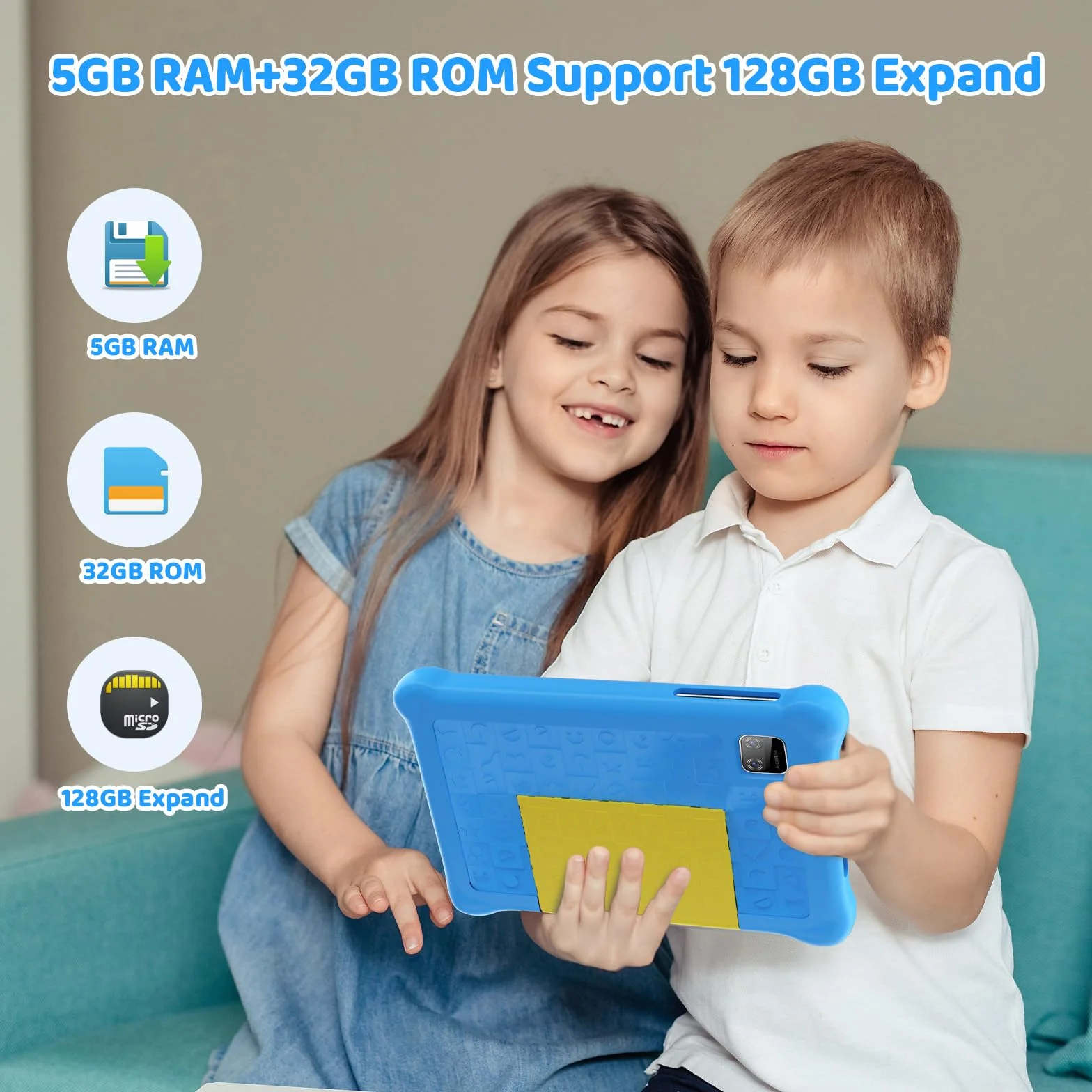 Tablet per bambini 7 pollici Android 12 con Custodia,Wifi,Bluetooth,Modalità di Controllo Parentale,Doppia Fotocamera,Protezione Degli Occhi,Tablet di Apprendimento di Google Services (blue)