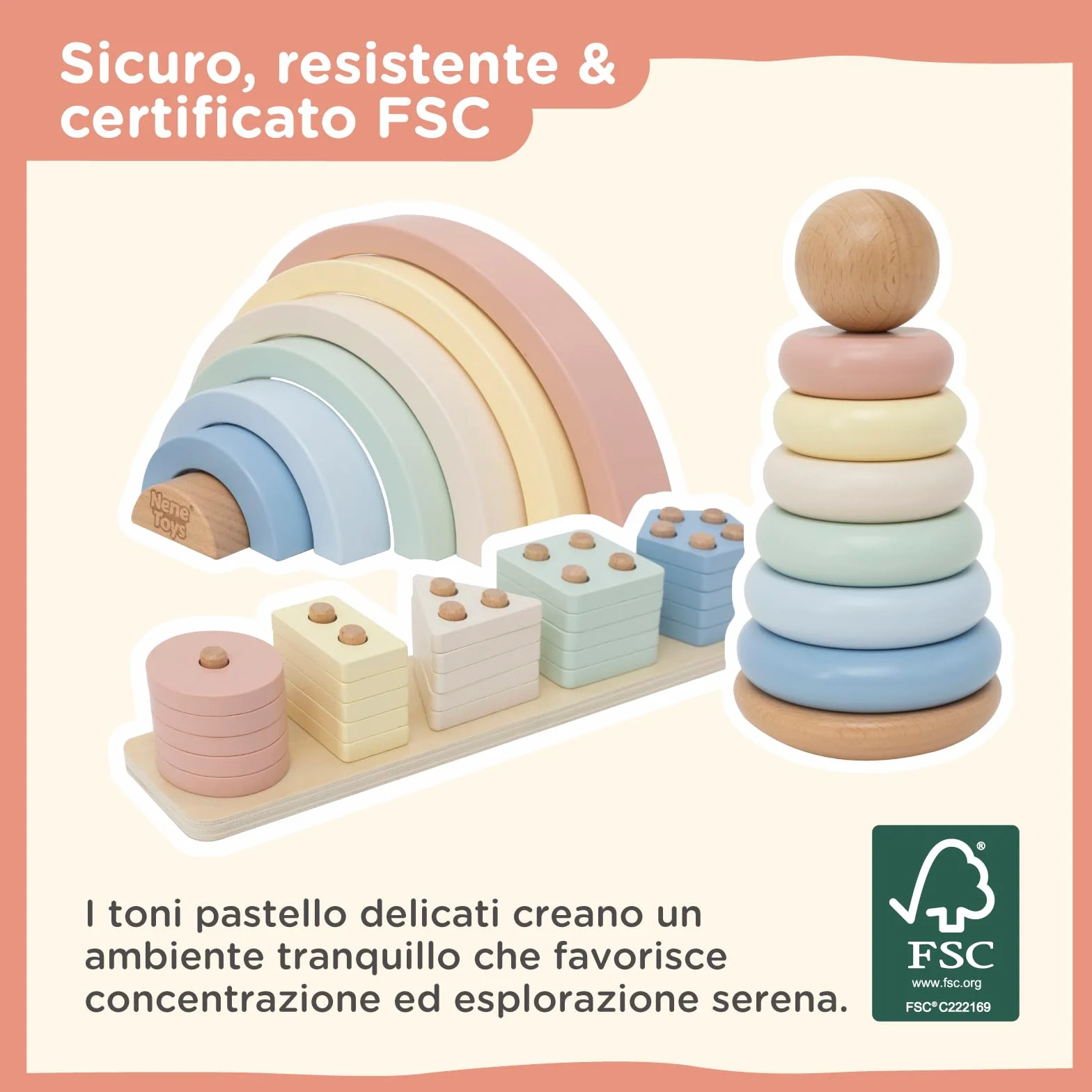Nene Toys Giocattolo Montessori in Legno 3-in-1 per Bambini 1 Anno – Arcobaleno in Legno, Torre da Impilare & Gioco di Incastro – Gioco Educativo 1–3 Anni – Idea Regalo Bimba Bimbo – Colori Pastello
