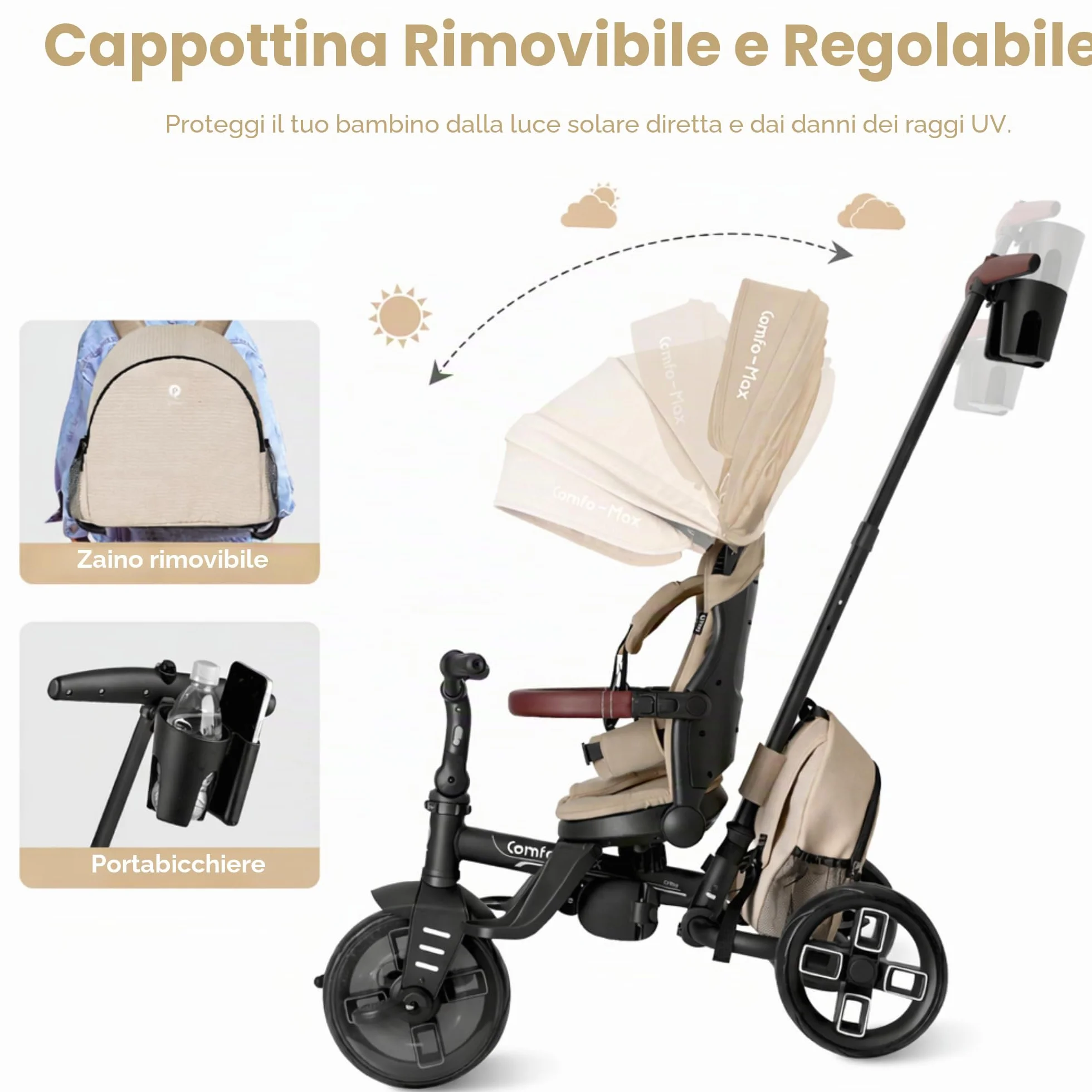 Qplay Triciclo Evolutivo COMFO MAX 6 in 1 nero | Triciclo Bebe 1 anno pieghevole in alluminio con seduta a 360°, reclinabile e capottina - per neonati da 10 a 72 mesi (beige)