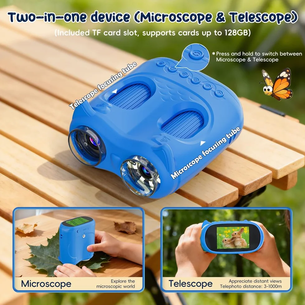 2 in 1 Microscopio Bambini e Telescopio, Temodu Microscopio Digitale da 2.0‘’, Elettronico Portatile Telescopio 10X con 8 luci LED, può essere utilizzato come regalo di compleanno o di Natale (Blue)