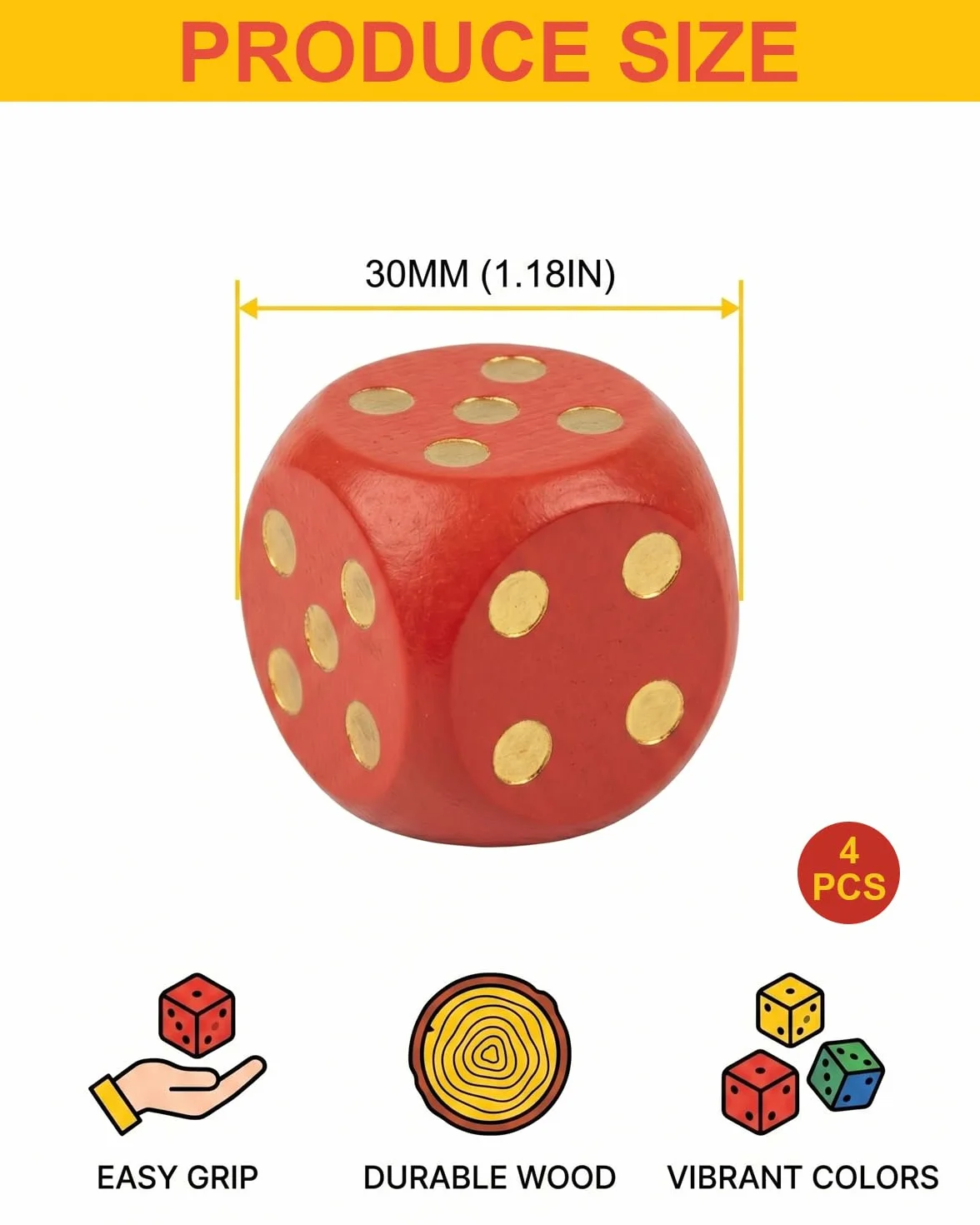 4 Pezzi Grandi Dadi da Gioco 30mm Colorati Naturali per Bambini, Anziani, Giochi da Tavolo, Casa, Feste, Giochi di Dadi, Matematica
