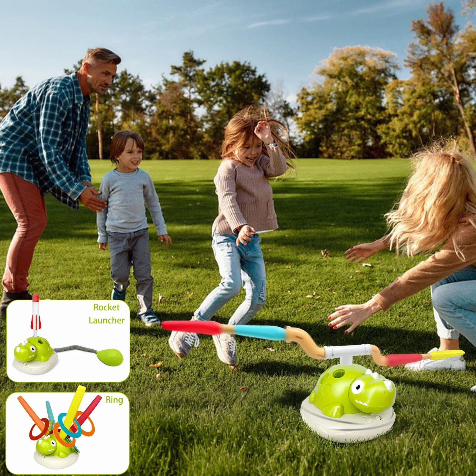 Giochi all'aperto 3 in 1, macchina sportiva multifunzionale con lanciarazzi e gioco di lancio ad anello e salto cancellare, giochi da giardino con telecomando e musica, giocattoli sportivi