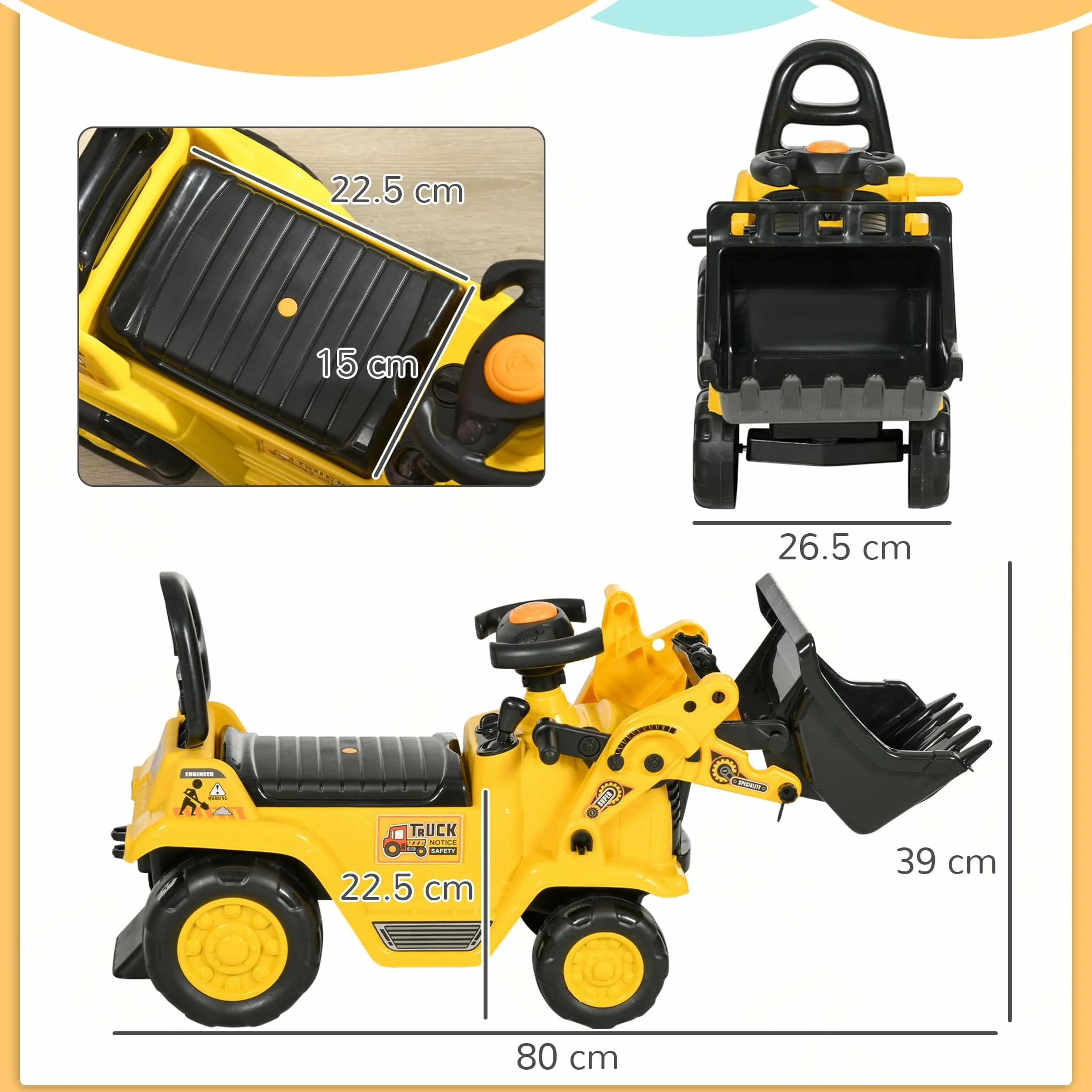 HOMCOM Escavatore per Bambini con Benna, PP e ABS, 80x26.5x39 cm, Giallo e Nero