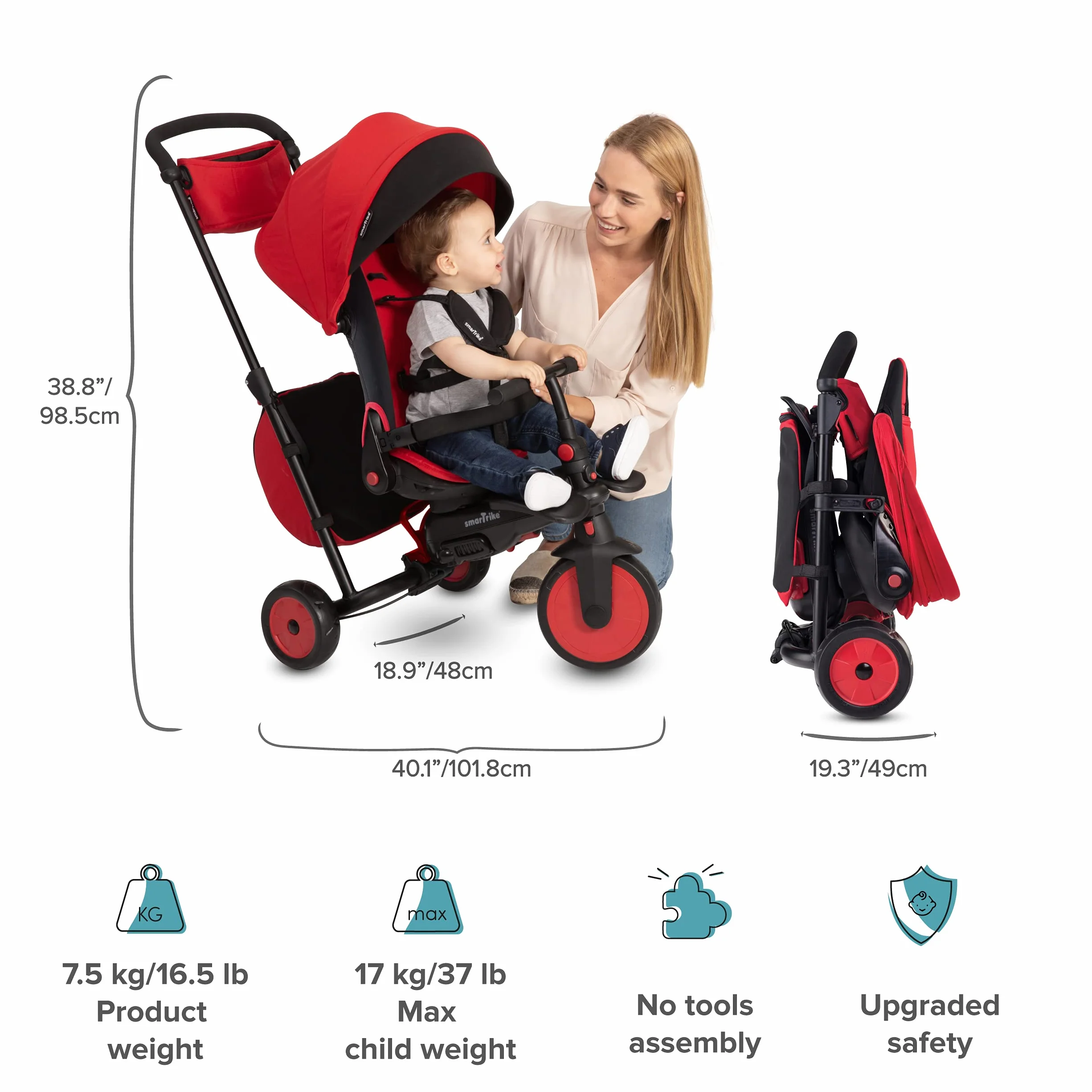 smarTrike STR7 - Passeggino a triciclo per bambini, compatto, triciclo facile da spingere, funge anche da bicicletta per bambini, triciclo deluxe dai 6 mesi in su, rosso e nero