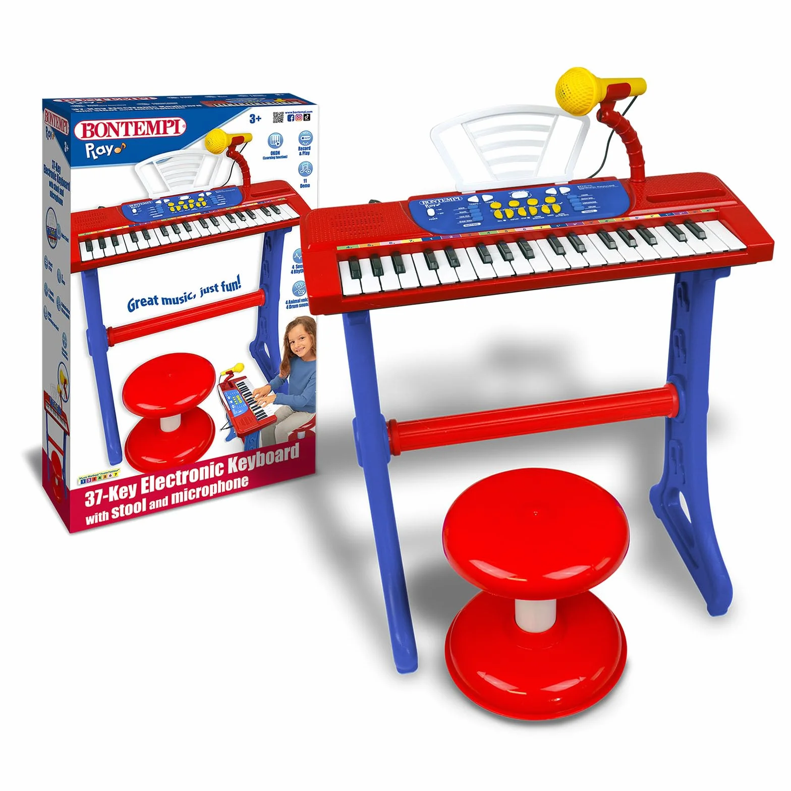 Bontempi | MiniKeyFun - Tastiera Giocattolo a 37 Tasti per Piccoli Musicisti con Microfono, Sgabello e Leggio, Blu e Rosso, 54,4x32,9x15,9 cm