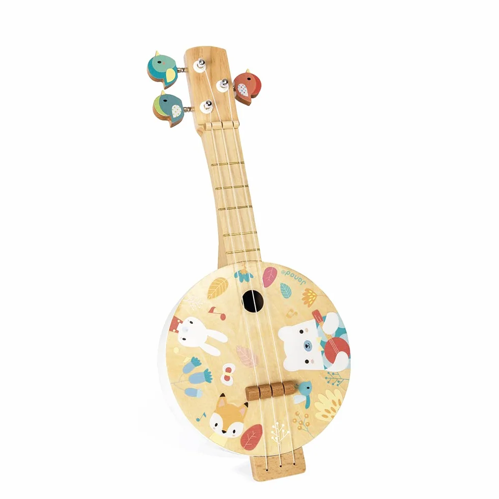 Janod Banjo Pure in Legno per Bambini 3-8 Anni con Illustrazioni, 3 Corde di Ricambio