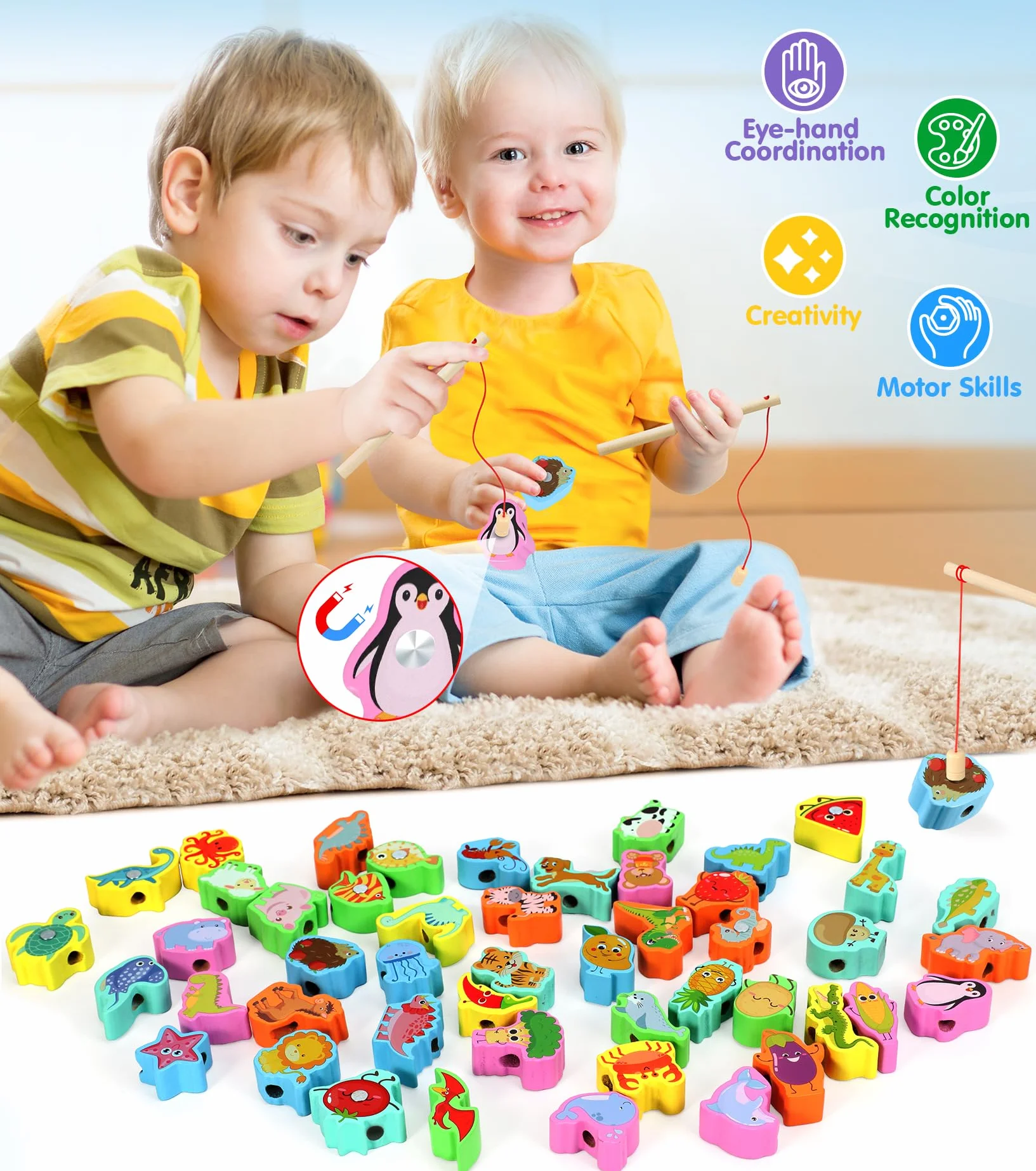 Ophy Giochi Montessori 6 Temi per Bambini - 2 in 1 Giocattoli Educativi per 2-3 Anni | Perline di Legno Giochi da Infilare