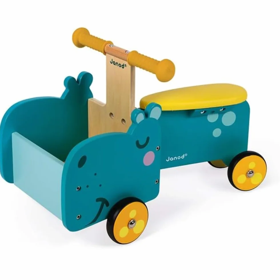 Janod Cavalcabile in Legno Ippopotamo per Bambini con Maniglie Ergonomiche e Ruote Silenziose Blu e Giallo