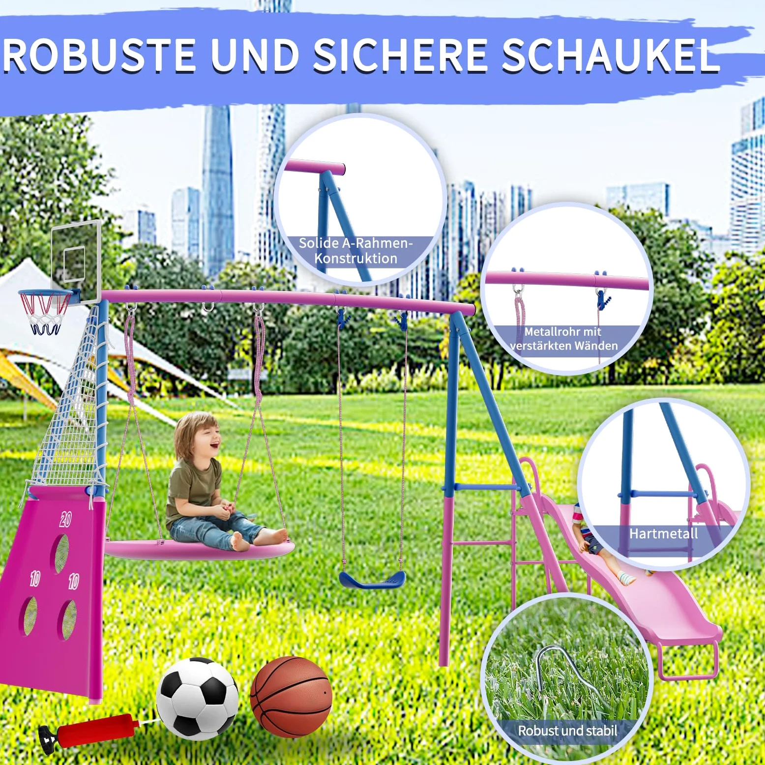 Grande Parco Giochi Esterno 6 In 1, Set Altalene Con Altalena Rotonda, Scivolo, Canestro Da Basket E Pannello Da Calcio, Struttura Stabile Per Più Bambini Nel Giardino