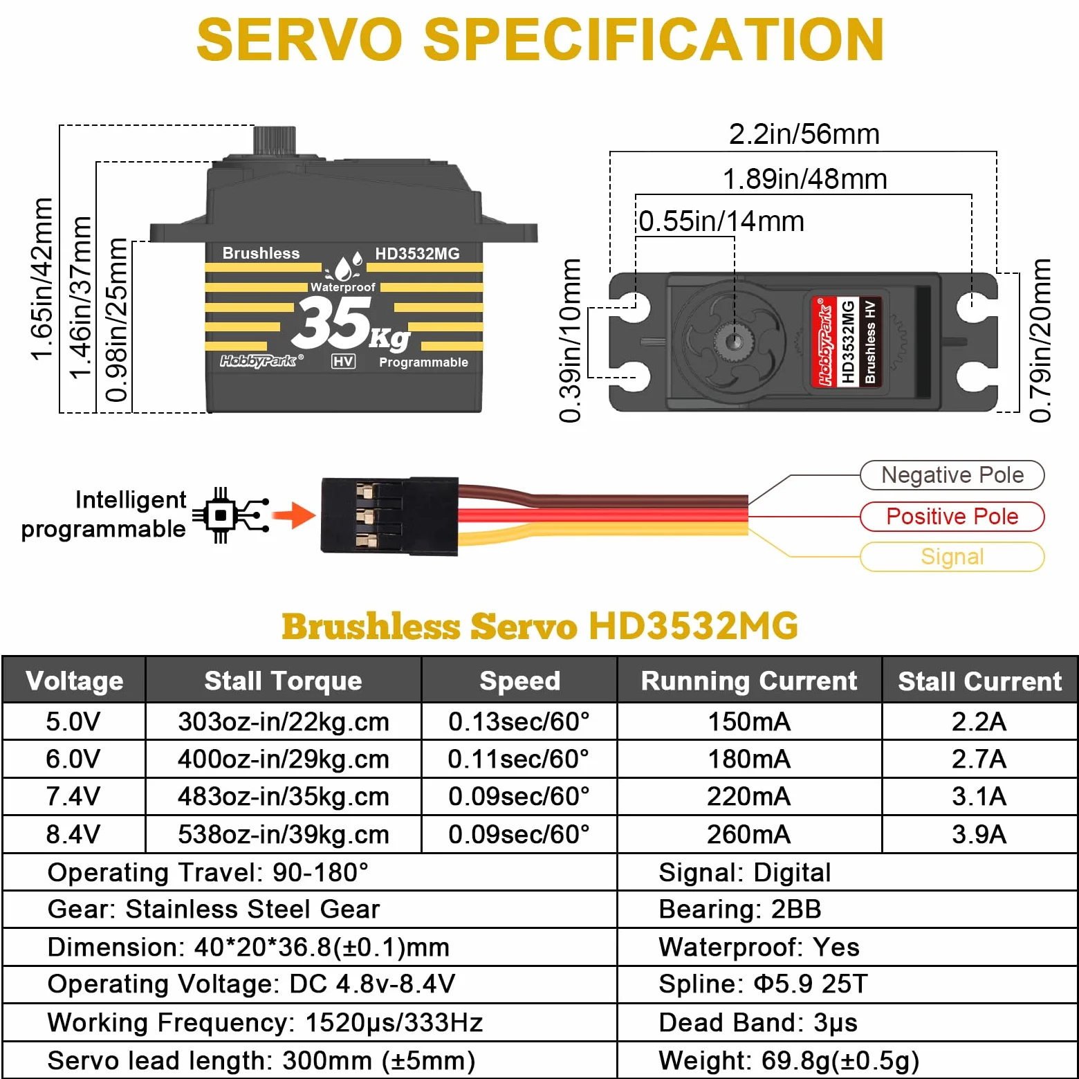 HobbyPark Impermeabile 35KG Alta Coppia Servo Brushless Motor Metal Gears Digital Servo Arduino Servo Programmabile per 1/8 1/10 1/12 RC Crawlers RC Camion RC Auto Buggy Robot FAI DA TE Angolo di