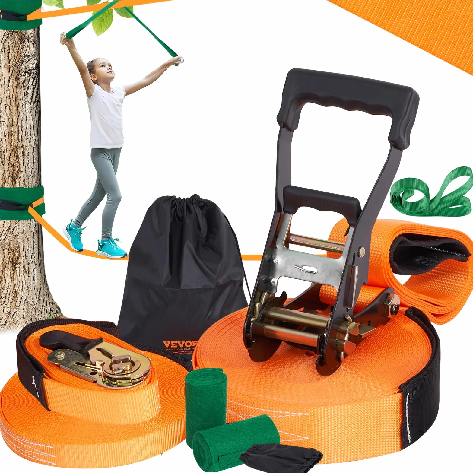 VEVOR Kit Slackline con linea di allenamento, attrezzatura da 18,3 m per il cortile, corda stretta facile da installare per bambini e adulti, set completo Slackline con protezioni per alberi