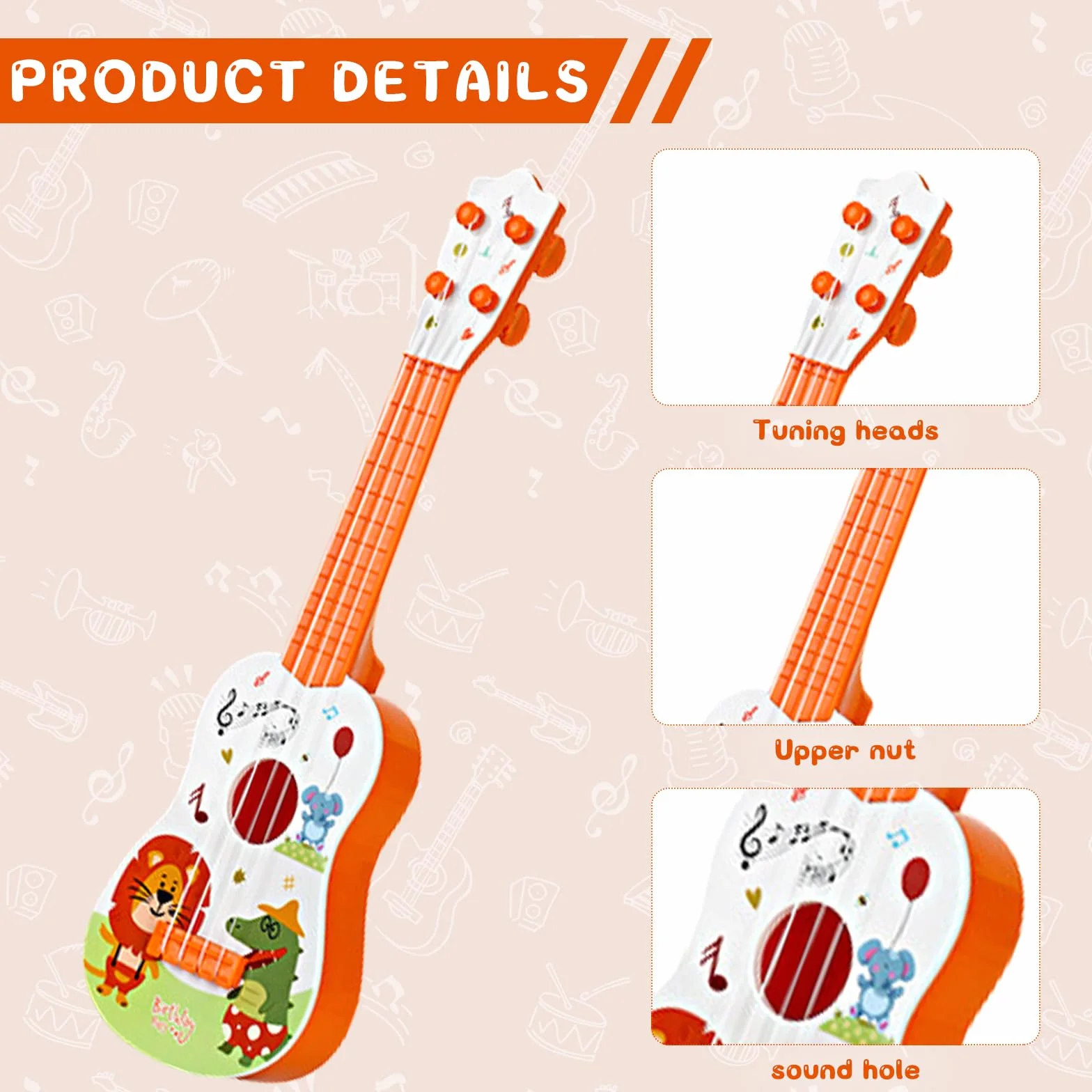 Mini Ukulele Giocattolo 41cm 4 Corde Regolabili per Bambini Principianti (Arancione)