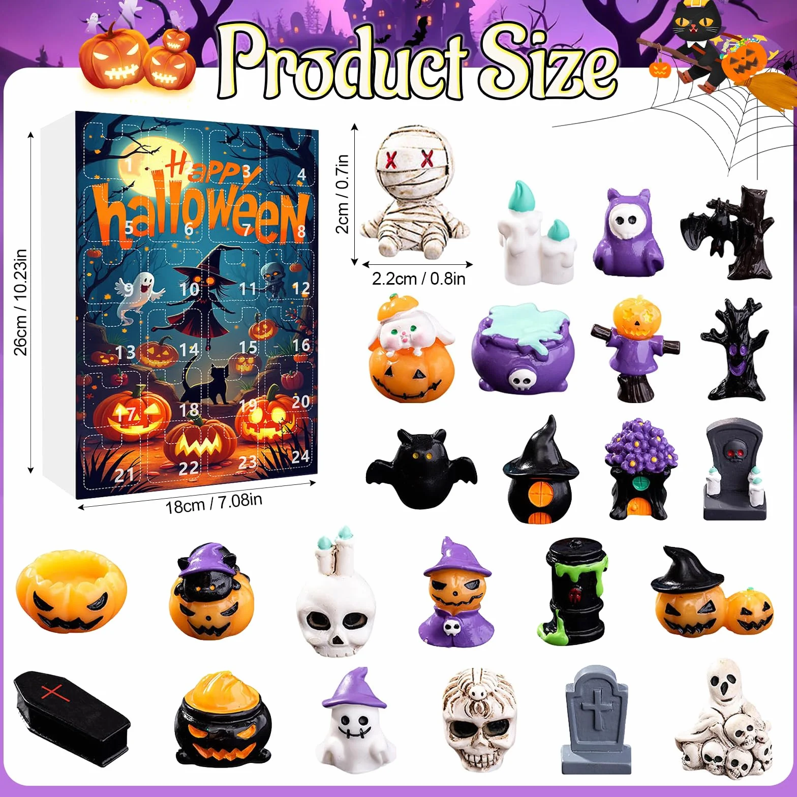 Calendario dell'Avvento di Halloween 2025, 24 giorni di Halloween, conto alla rovescia, con 24 pezzi di zucca horror, fantasma, teschio, mini figure decorazioni per bambini e adulti (orrore)