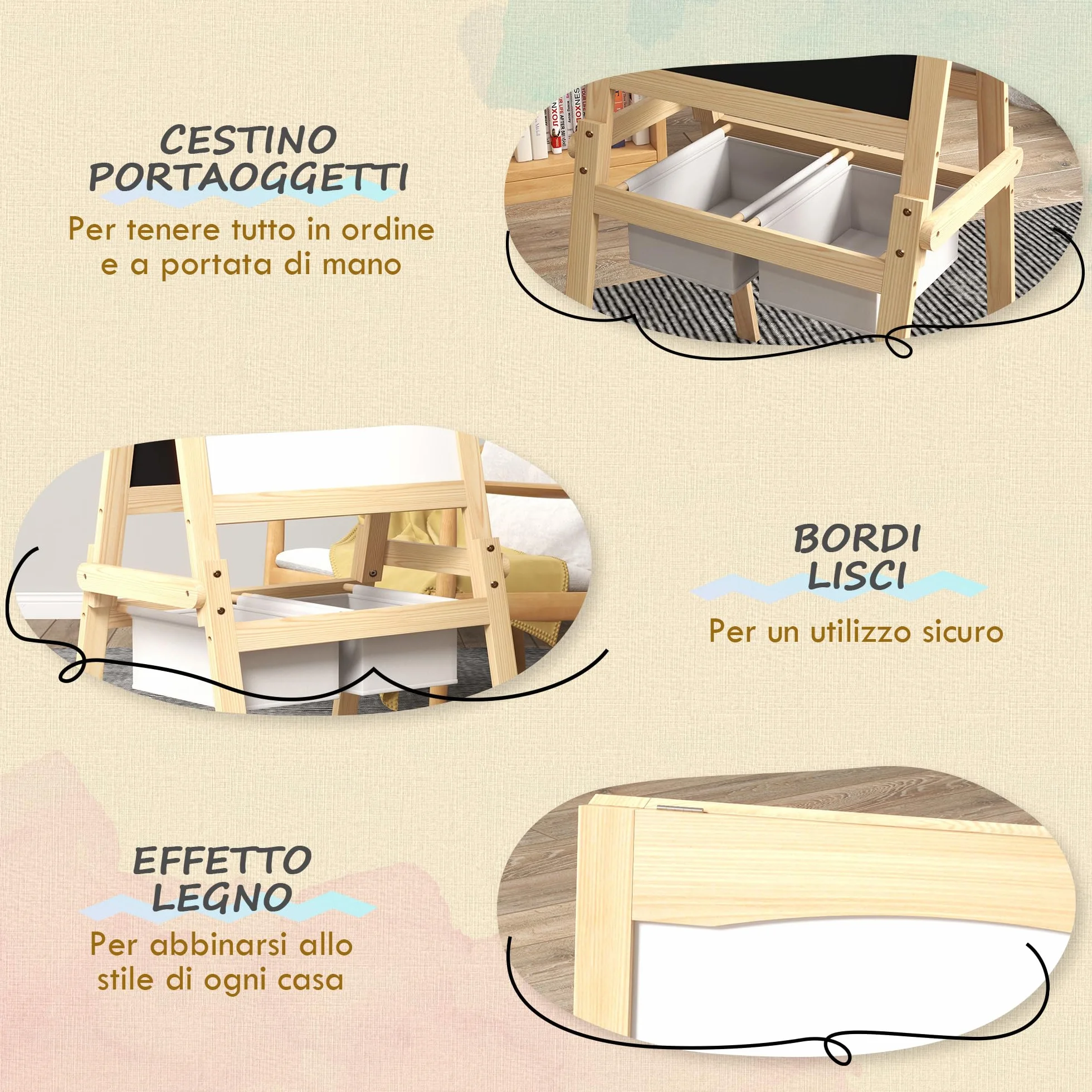 AIYAPLAY Lavagna per Bambini 3 in 1 Multiattività con Due Cestini, Cavalletto Artistico in Legno 58x50.5x109cm