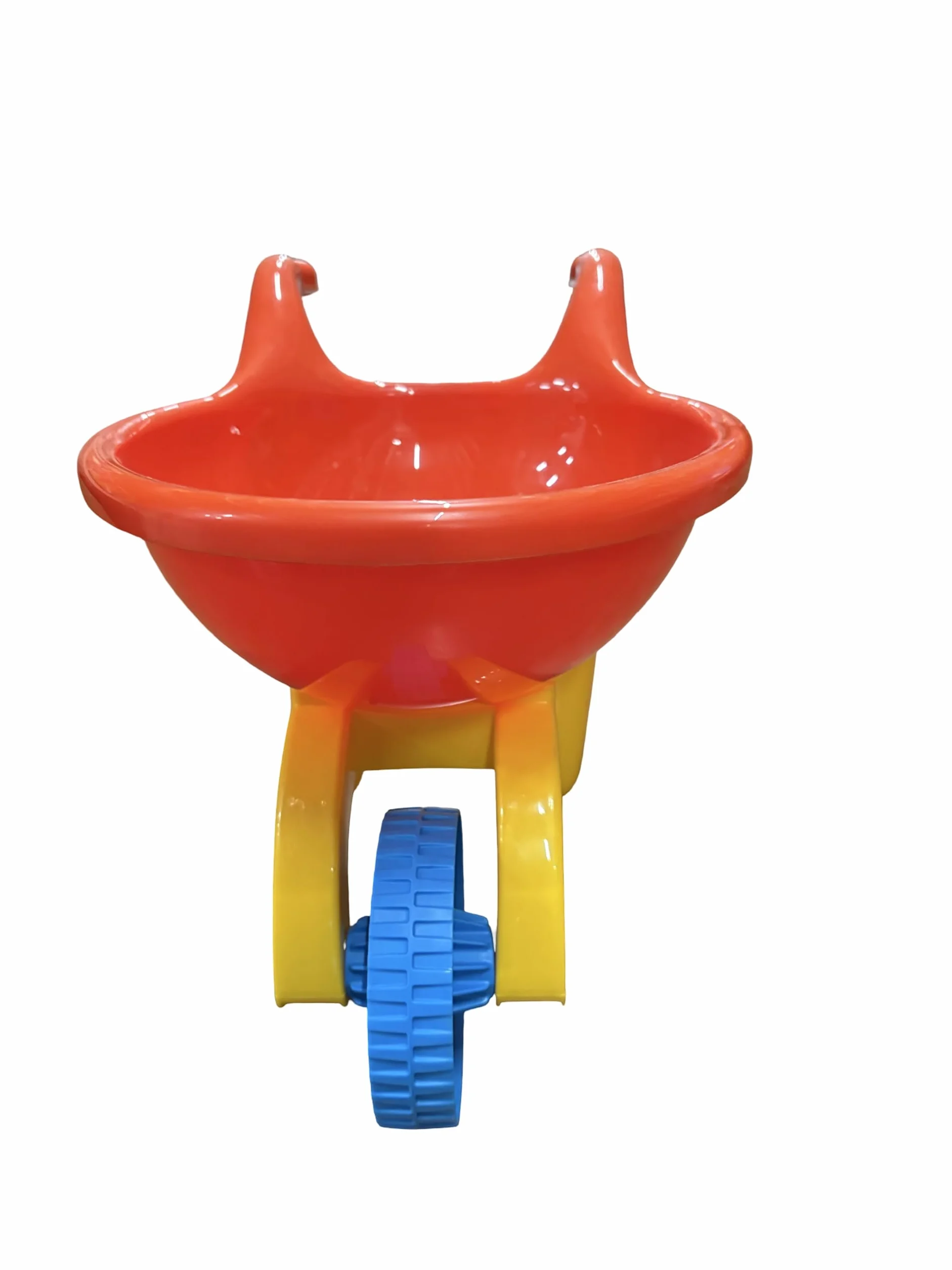 Carriola Giocattolo per Bambini, Rossa e Gialla con Ruota Blu, Plastica Resistente