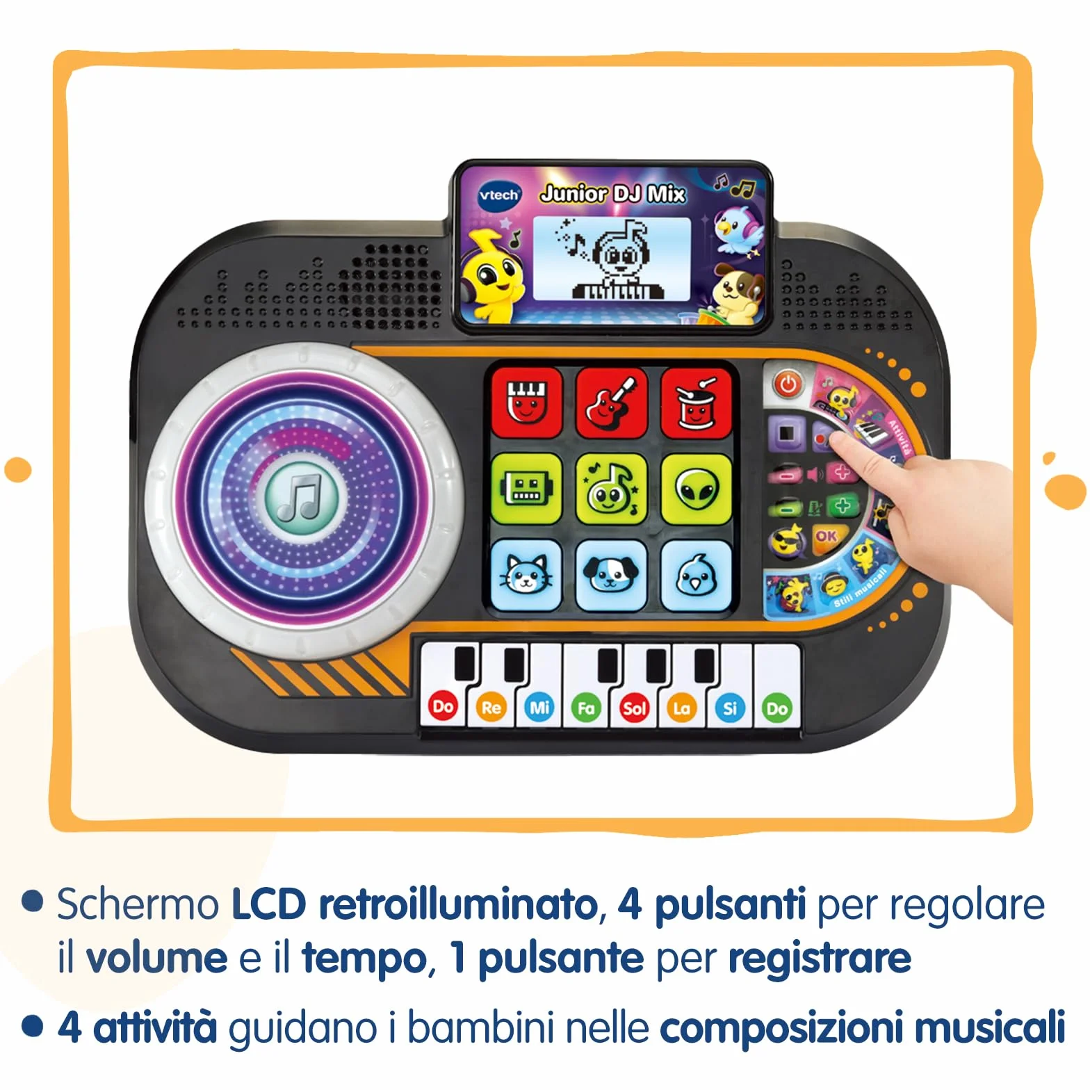 VTech Junior DJ Mix, Console da DJ per Bambini, Pulsante Registrazione, DJ Mix da Bambini con Tasti del Pianoforte, Schermo LCD e Piatto con Disco Luminoso, Lingua Italiana, Batterie Incluse, 3-7 Anni